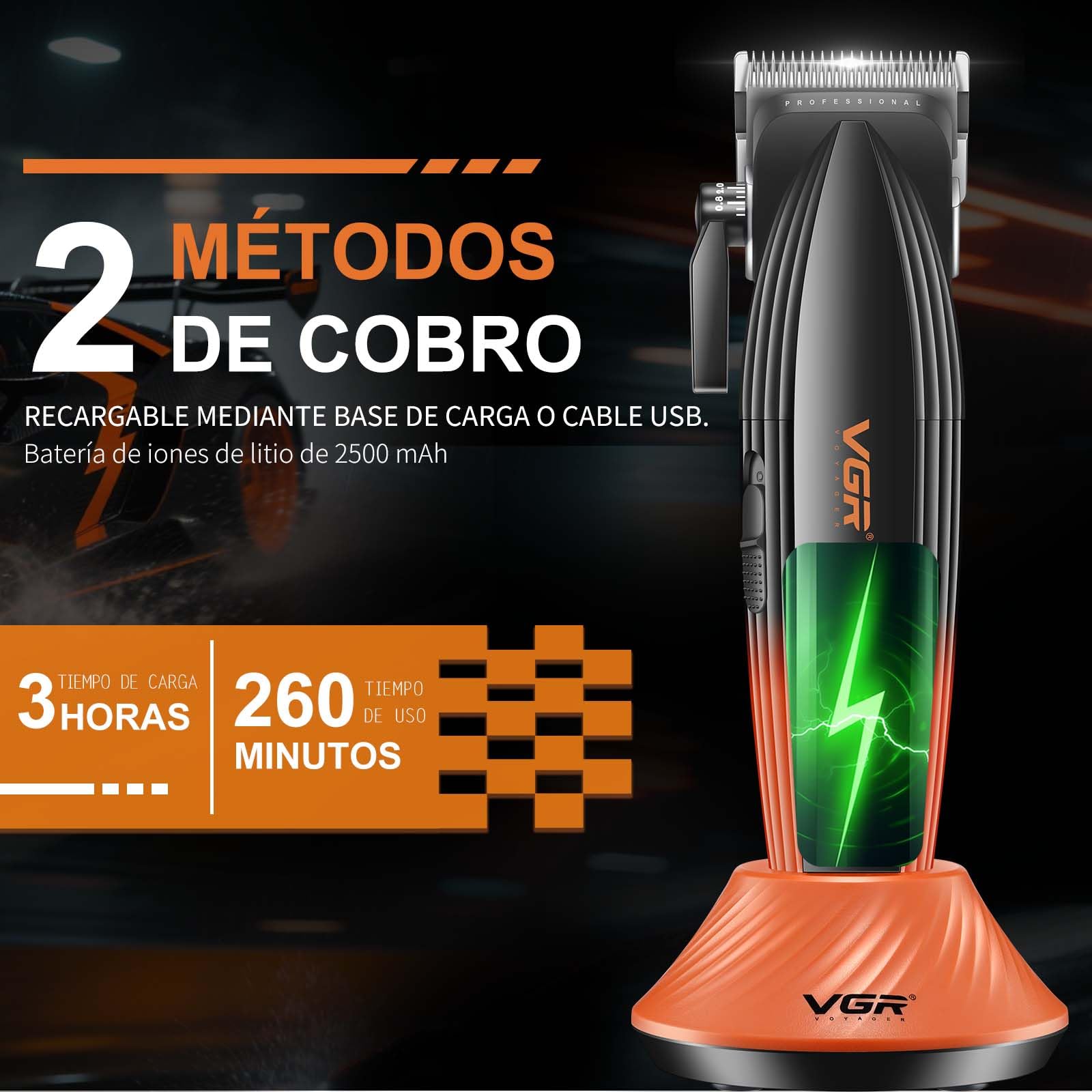 VGR 889C Maquina de Cortar Pelo Hombre Profesional, Función Turbo, Naranja | Máquina de Cortar Pelo Inalámbrica con Base, Cortapelos Ajustable Profesional Para Degradados con , Pantalla LED, Carga USB