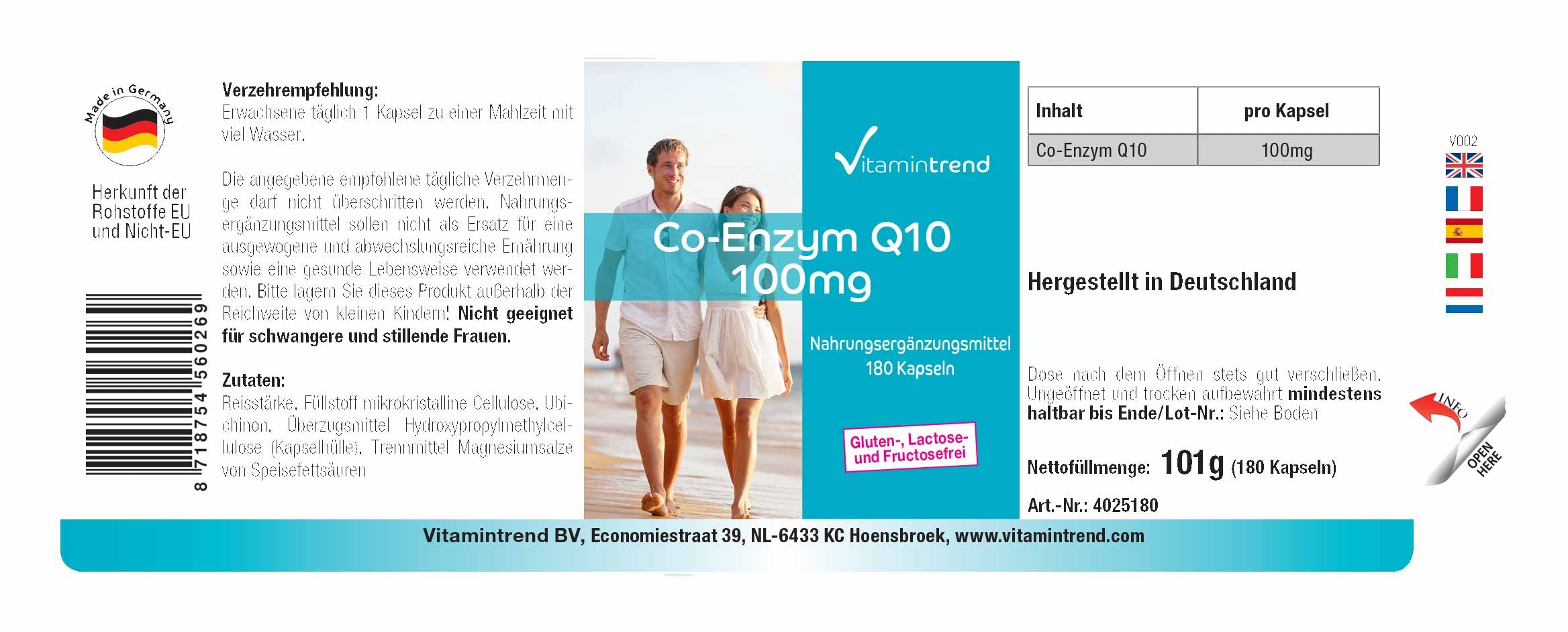 Vitamintrend Coenzima Q10 100 mg, 180 capsule, facili da deglutire, ad alto dosaggio, integratore alimentare vegano senza magnesio stearato, prodotto in Germania