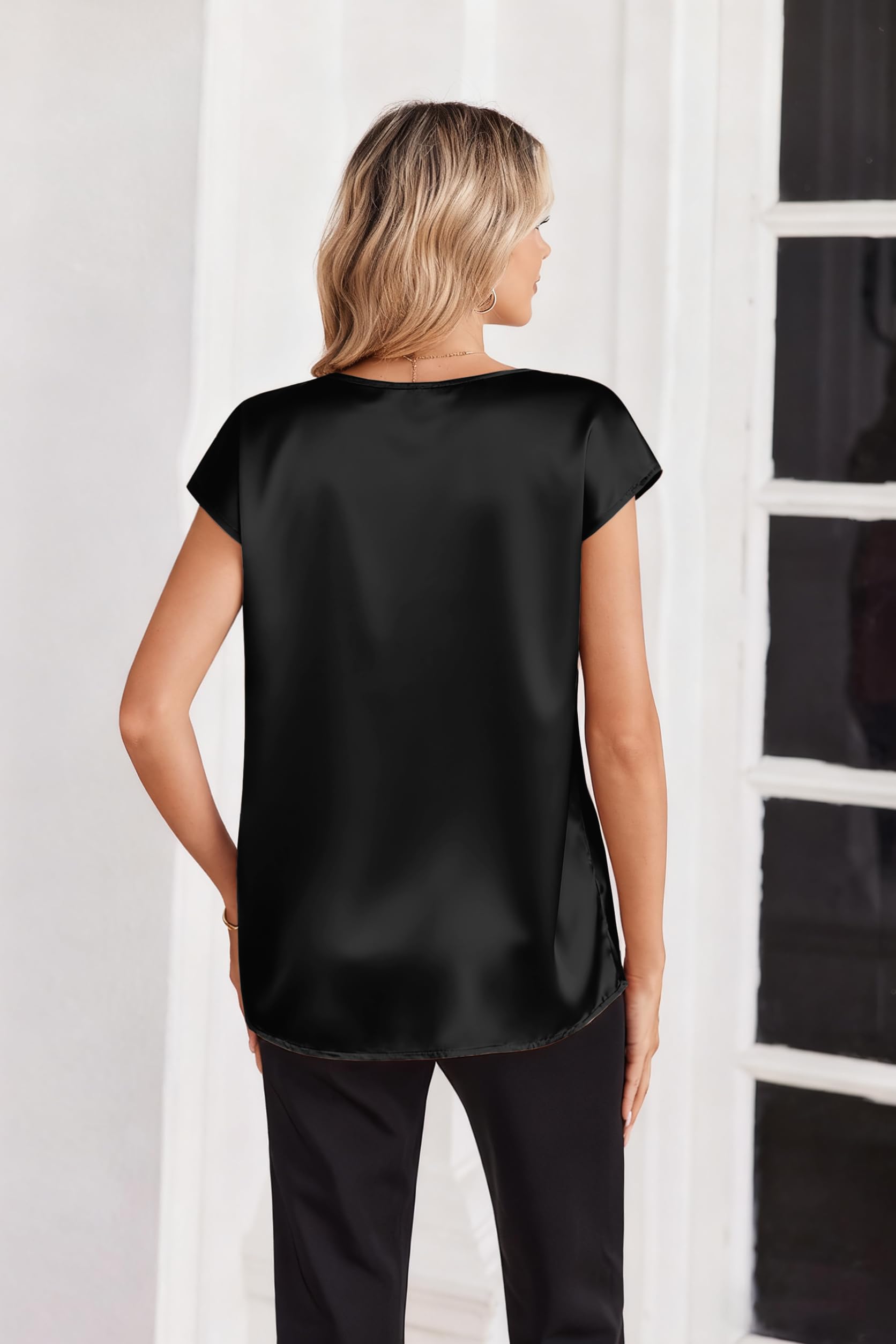 Zeagoo Chemisier Femme Satin Manches Courtes col V Été Soie Élégante Blouse Couleur Unie Silk Tshirt Business Shirts S-XXL - 5
