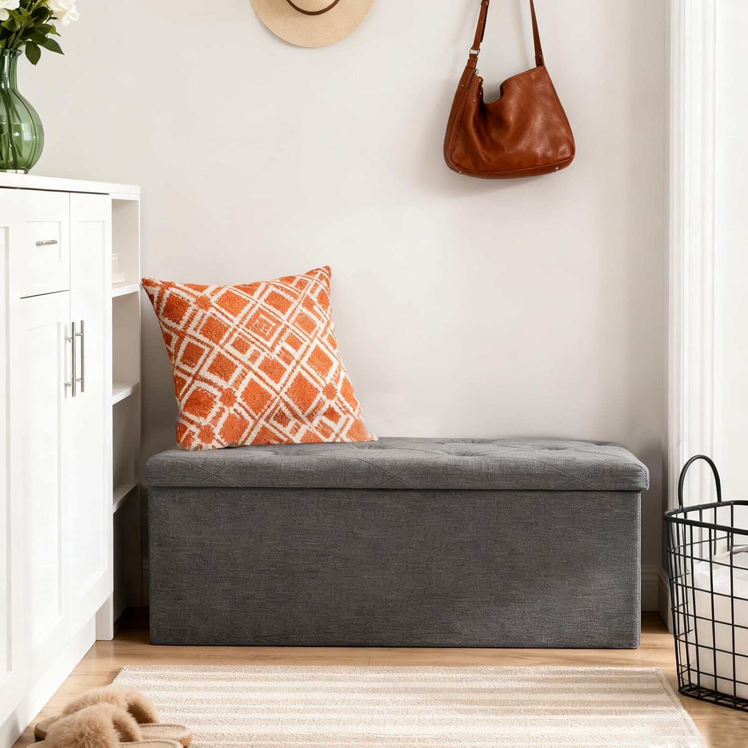 43 Inches Ottoman with Storage, Folding Storage Ottoman Bench Set, Storage Chest for Entryway, Living Room, Support 500LBS, Grey - Image 6