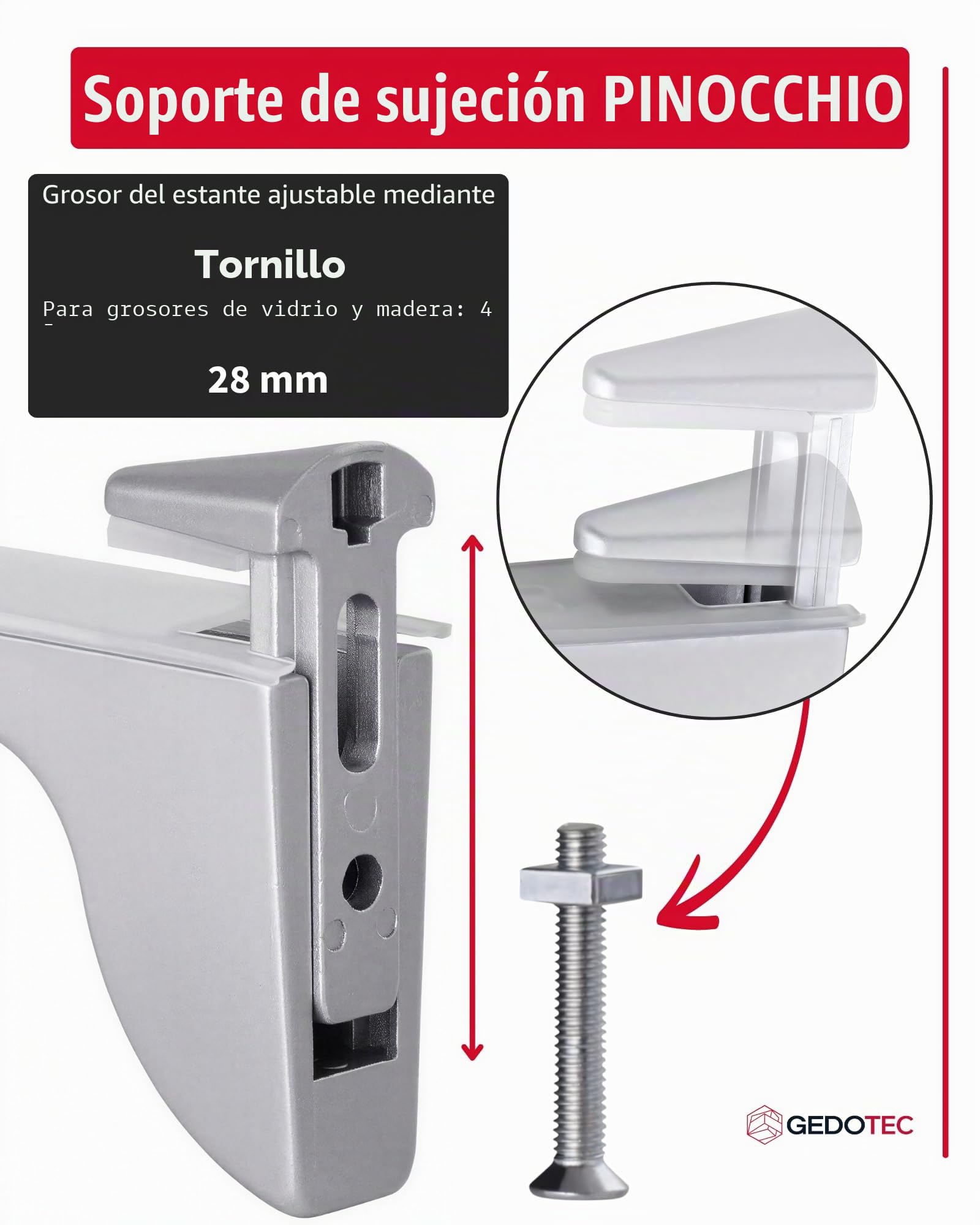 Gedotec Design Soporte de estante de vidrio - Plata mate | 2 piezas - soporte de estante de carga pesada | PINOCCHIO | estante de pared de metal | soporte de estante hasta 50 kg | soporte de estante
