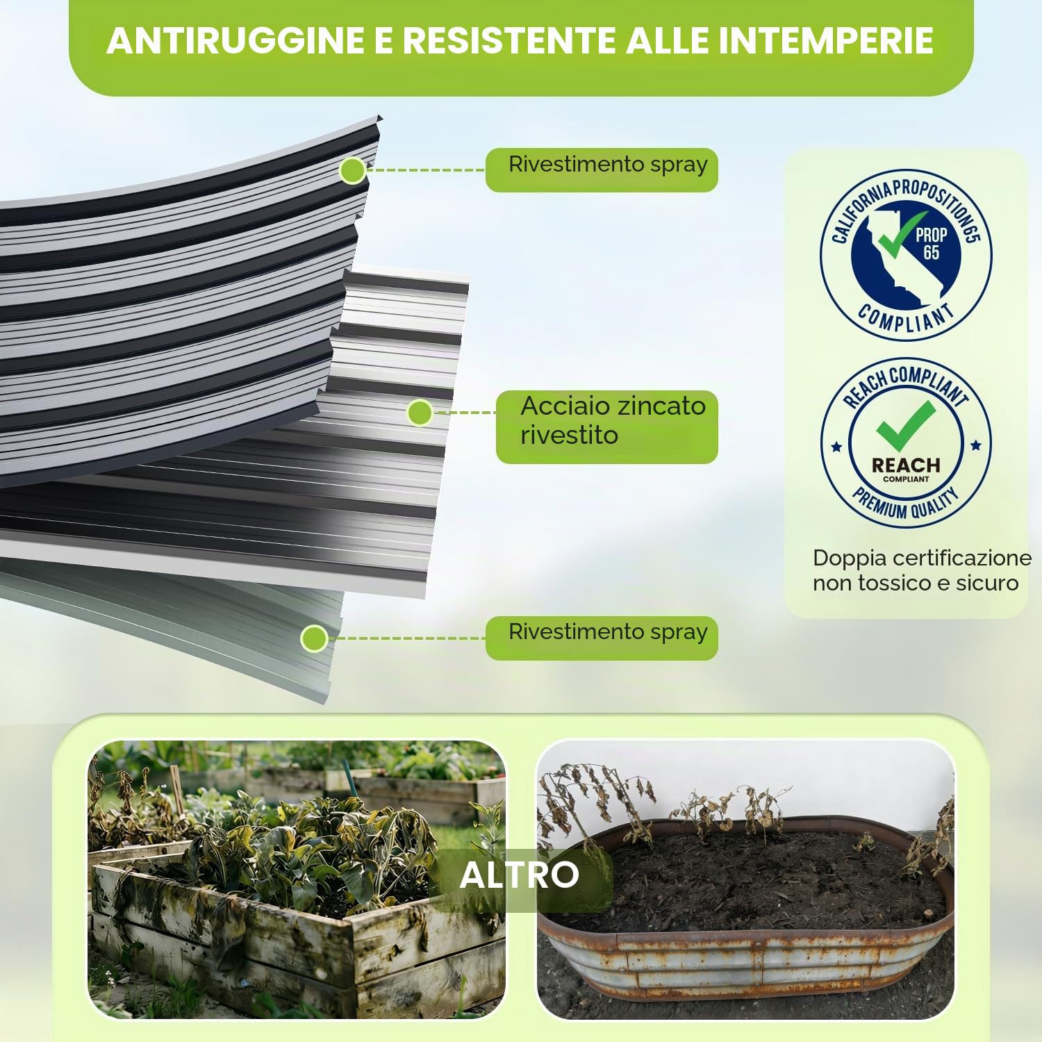 Ohuhu Fioriera Rialzata per Esterno, Cassetta da Giardino in Acciaio Rivestito Rinforzato 180x90x60 cm, Letto da Giardino in Metallo Rivestito Antiruggine per Verdure, Fiori e Sukkulent Grigio