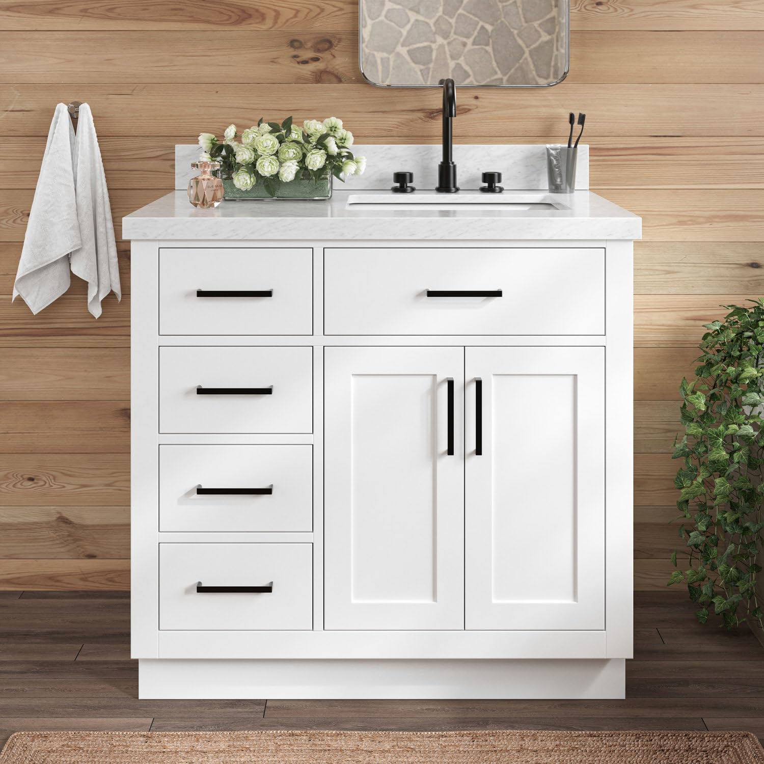 ARIEL Bathroom Vanity 37" White, 1.5" Edge Italian Carrara Marble Countertop & Splash, Rectangular Sink, 2 Soft Closing Doors, 5 Full Extension Dovetail Drawers, Toe Kick, Matte Black