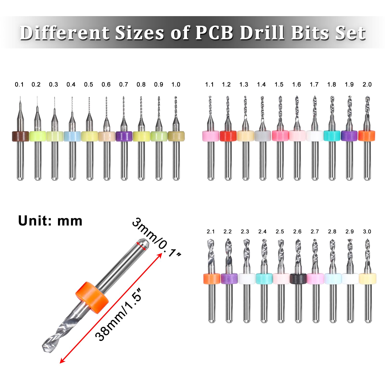 OwnMy Juego de 40 brocas para PCB de 0,1 mm a 3,0 mm, brocas de carburo de flauta en espiral para placa de circuito, mini brocas para grabado CNC de joyería, brocas pequeñas para piedra de metal