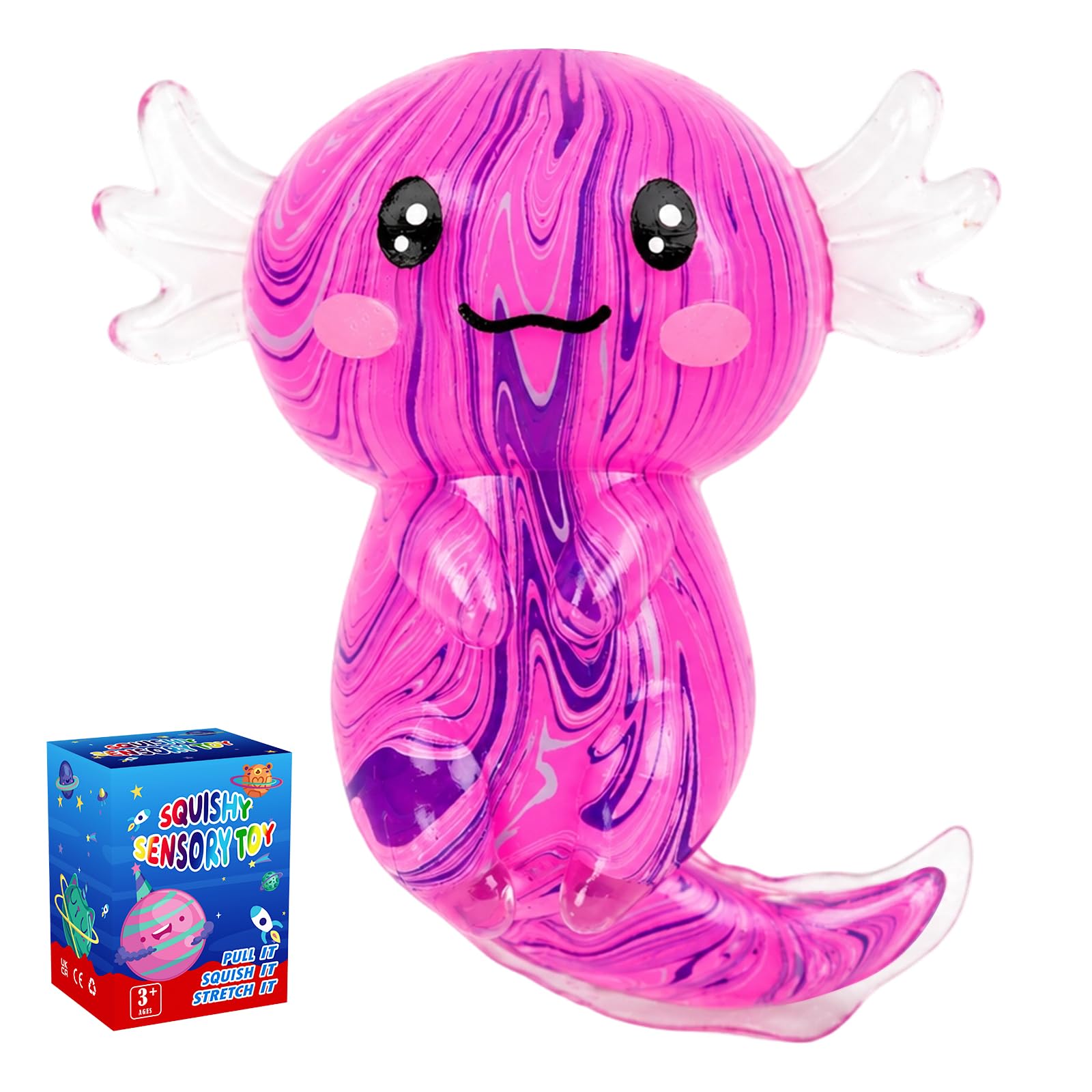 Axolotl Squishy Stress Relief Toy, Fidget Toys for Kids Adult, Cute Malt Sugar Axolotl Toy, Soft Squeeze Sensory Toy for Kids and Adults, Handheld Stress Ball for Anxiety and Focus (Marbled Pink)