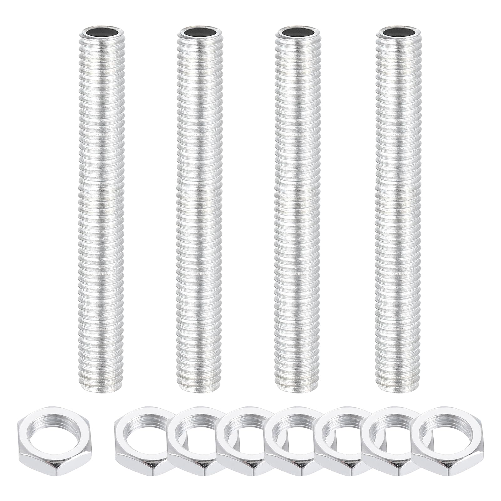 sourcing map 4Pcs 80mm Lamp Pipe Nipples Kit with Lock Nuts, M10x1.5 Coarse All Threaded Hollow Tube Lamp Repair Hardware Fasteners for Chandelier Ceiling Lamps Assembly DIY, White Zinc โ image 1