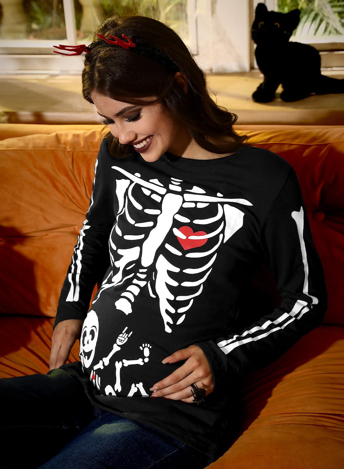 For G and PL Chemise de grossesse à manches longues pour femme Halloween S-XXL | Costume extensible à manches longues pour fête à thème squelette citrouille imprimé famille enceinte chemise