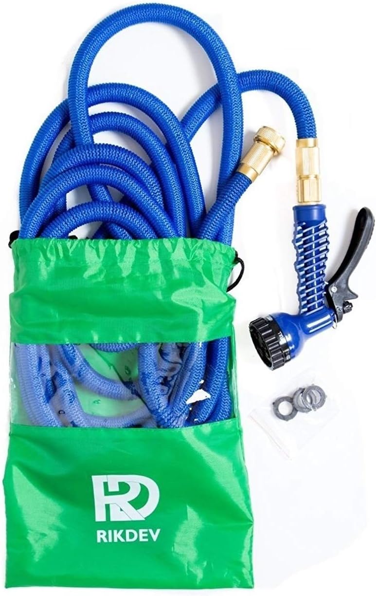 Garden Hose Rikdev® 100ft Expandable Hose Pipe Blue - New Stronger Double Latex Inner Tube & NEWER Anti Kink Material - 7 Pattern Spray Gun with Anti Leakage SCREW on Brass Fittings and Shut off Valve - Includes a FREE Custom Drawstring Bag for Easy Storage