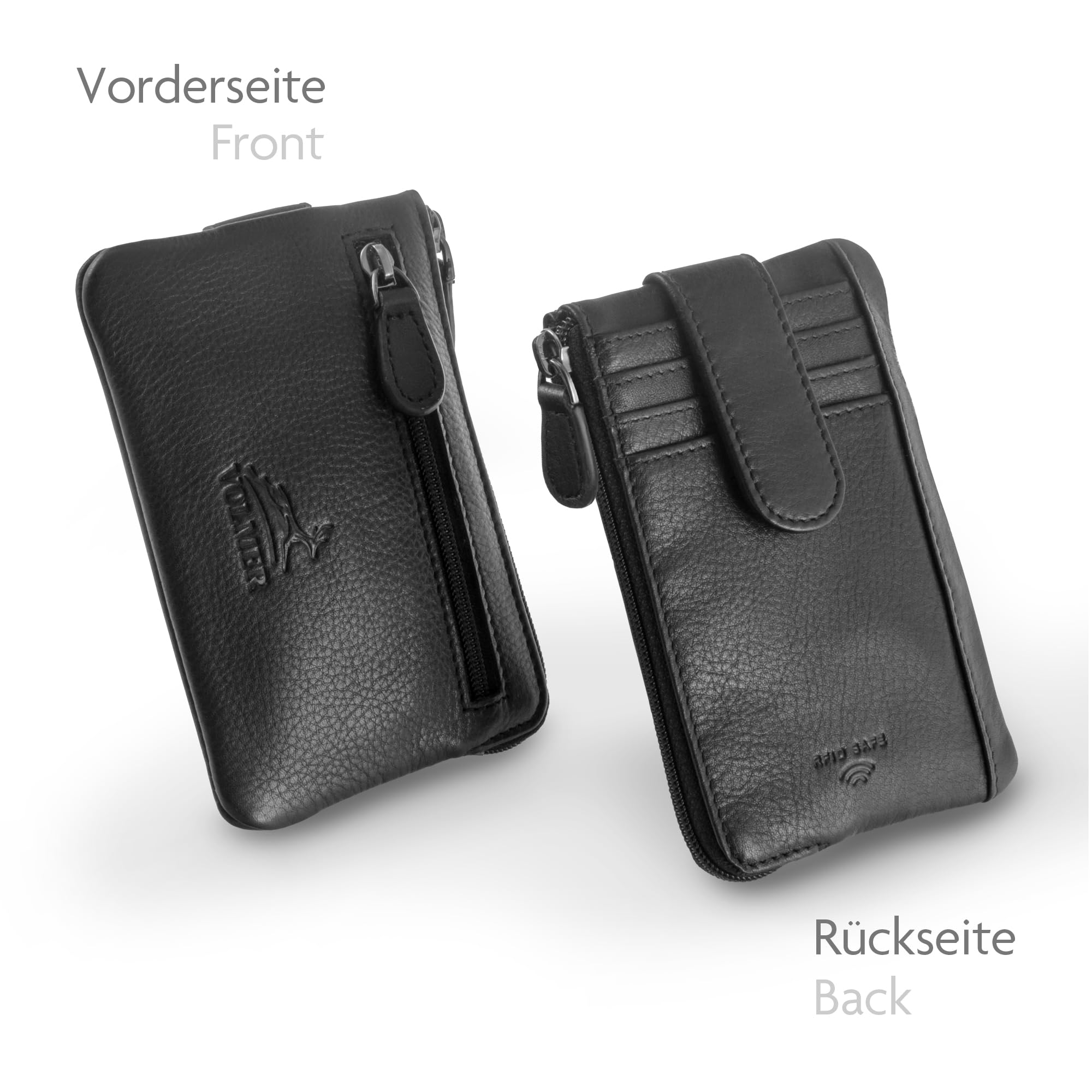 Fa.Volmer Etui na klucze 2 przegródki | plus 4 zewnętrzne przegródki na karty z ochroną RFID | prawdziwa skóra | w zestawie pudełko prezentowe | model: Keytcher