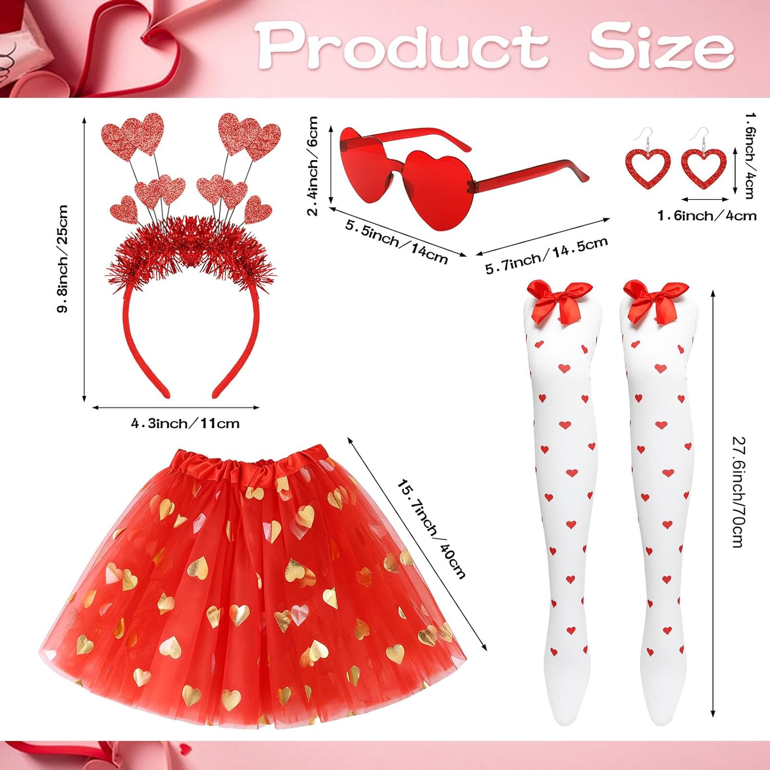 5Pcs Valentines Cupid Costume Red Tutus for Women Red Heart Headband Heart Sunglasses Earrings and Bow Stockings for Halloween Valentine's Day Party Supplies - Image 2