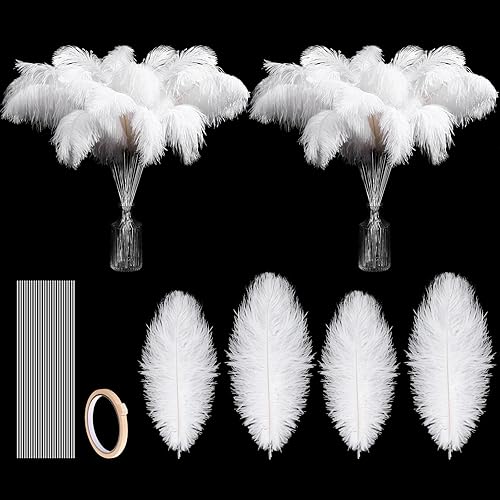 Crowye 100 plumas de avestruz a granel de 12-14 pulgadas, plumas naturales de 10-12 pulgadas para jarrón con 100 palos y kit de cinta adhesiva para
