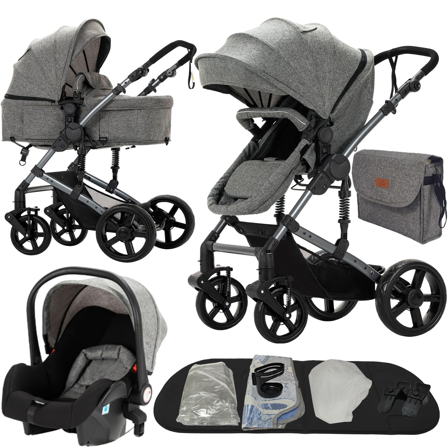 Nine point nine Poussette 3 en 1, Poussette Bebe avec Double Modes de Poussée Réversibles, Poussette Canne avec Grande Nacelle Confortable, Pousette avec Cadre Aluminium Haute Paysage (588 Grey)