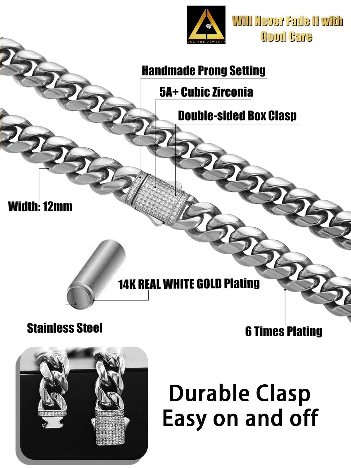 Miami Cuban Link Chain Hip Hop gioielli in acciaio inox 14K placcato oro bianco collana per uomo donna regalo 12 mm