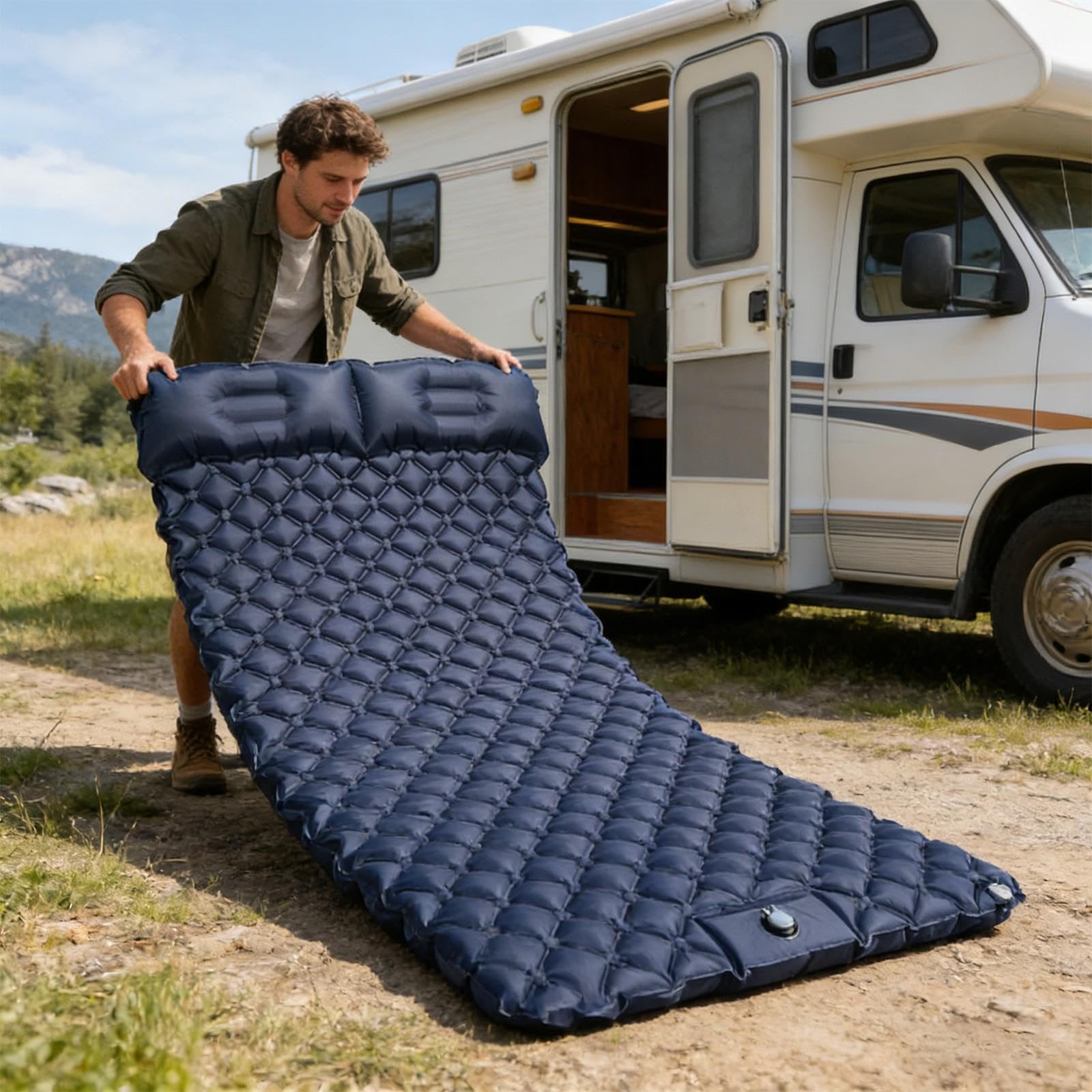Colchón de Camping para 2 Personas – 180 x 120 x 14 cm – Plegable Ultraligero Alfombra de Suelo de Camping ampliada y Espesada – Neumático con Bomba de Aire de Pedal – Ideal para Tienda de Acampada
