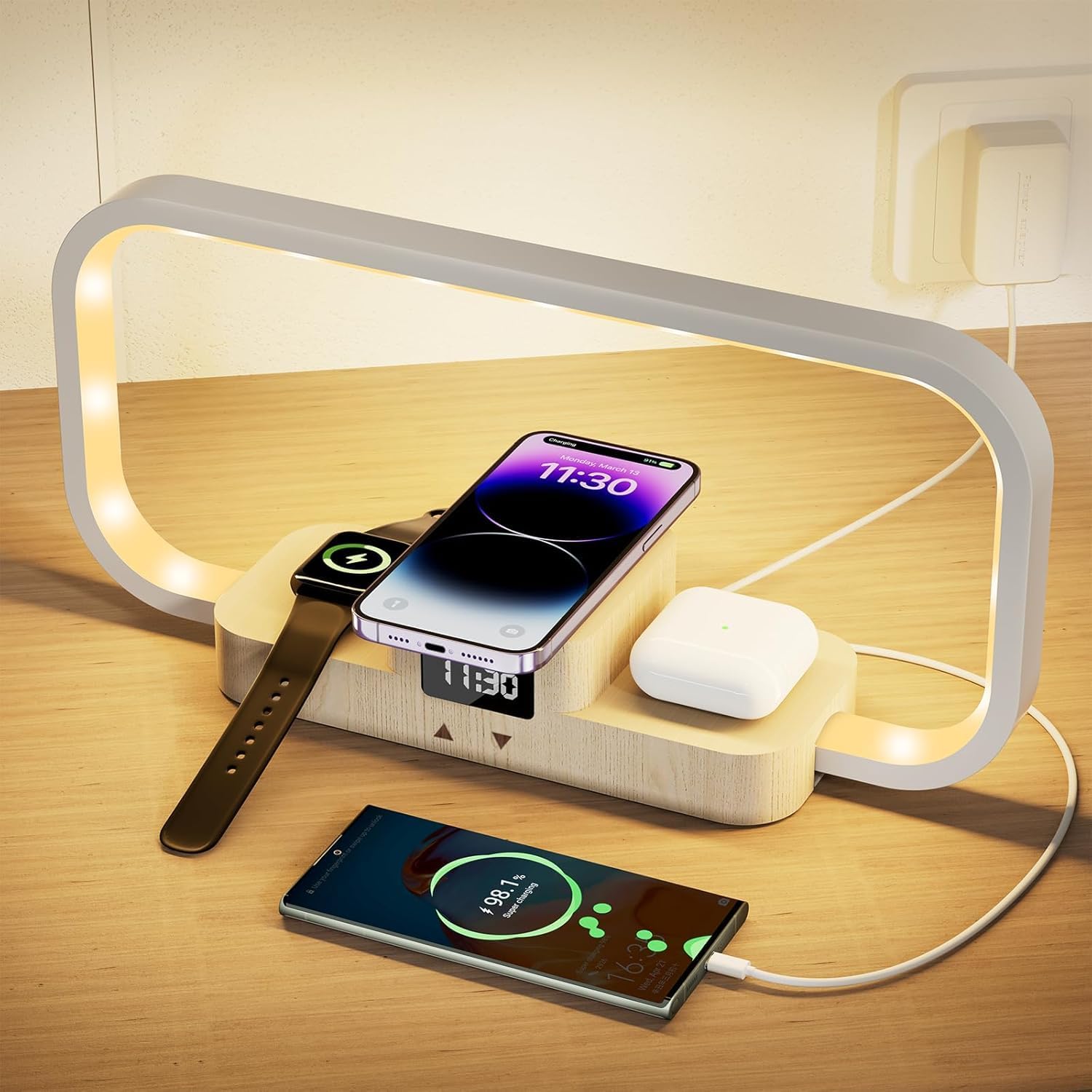 LED Bedside Lamp with Wireless Charger, 3-in-1 Touch Control Table Lamp with Clock, Dimmable Nightstand Lamp with 5 Color Modes, Modern Bedroom Desk Lamp, Gift for Women & Men,Wooden,Adapter Included Large