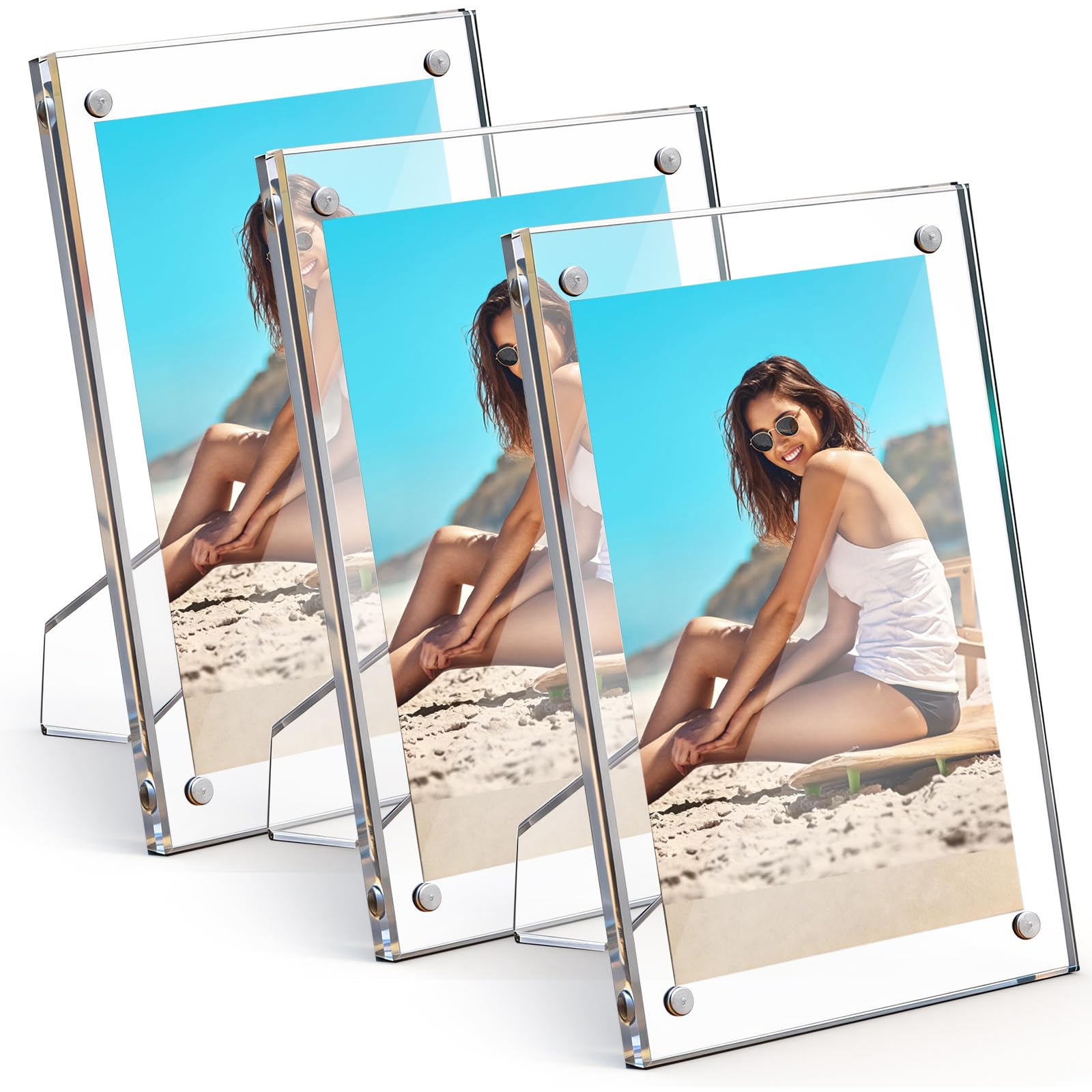 Mezchi 3 Pack 15x10cm /6x4in Acrylic Picture Frame, Magnetic Frame, Frameless Clear Photo Frame, Freestanding Double Sided Picture Frame for Photos, Postcard, Desktop Display, Home, Office