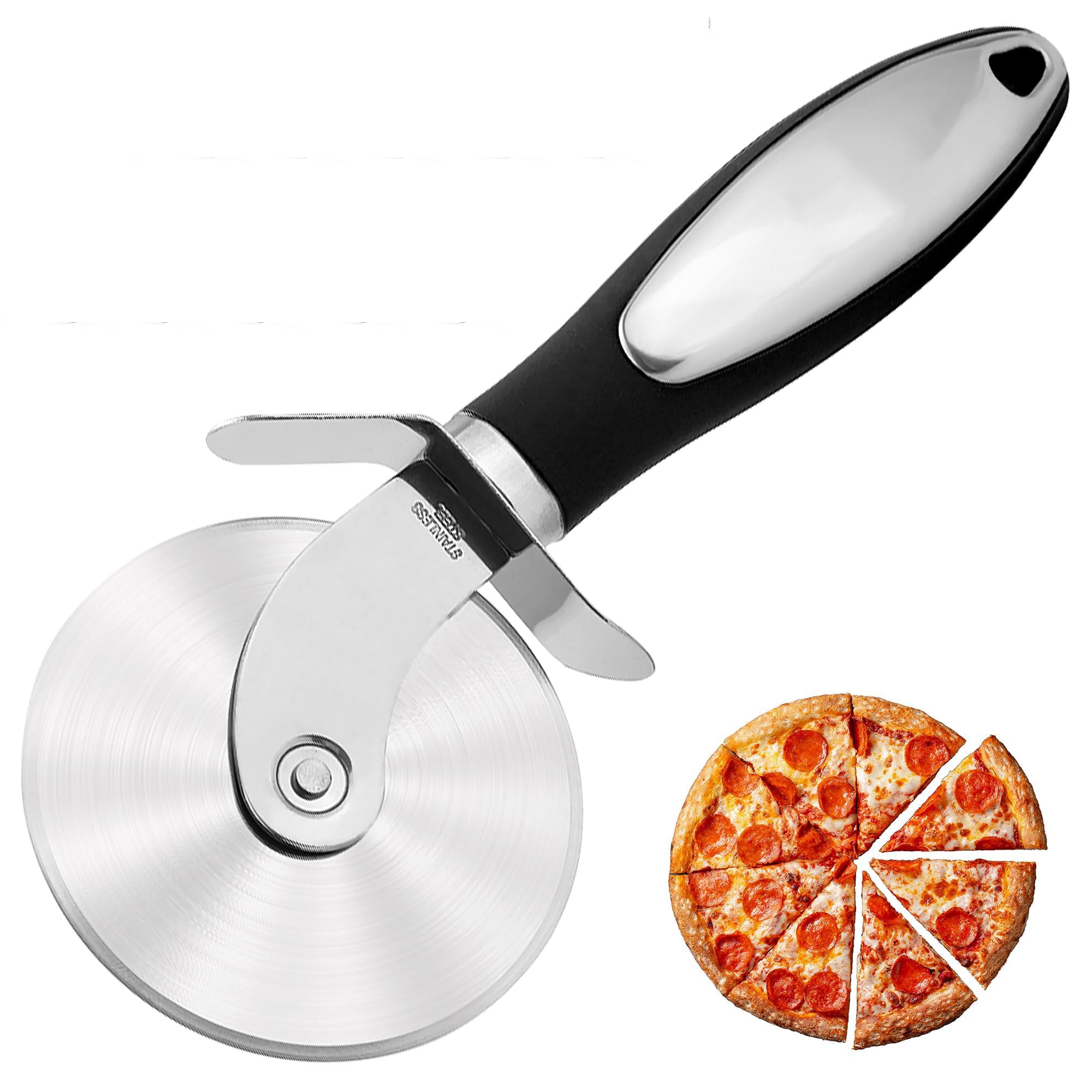 Azonee Kitchen Premium Pizza Cutter, Stainless Steel Pizza Cutter Wheel, Easy-To-Clean, Easy-To-Use Pizza Slicer - Super Sharp with Non-Slip Handle - Dishwasher Safe Pizza Wheel (Black)