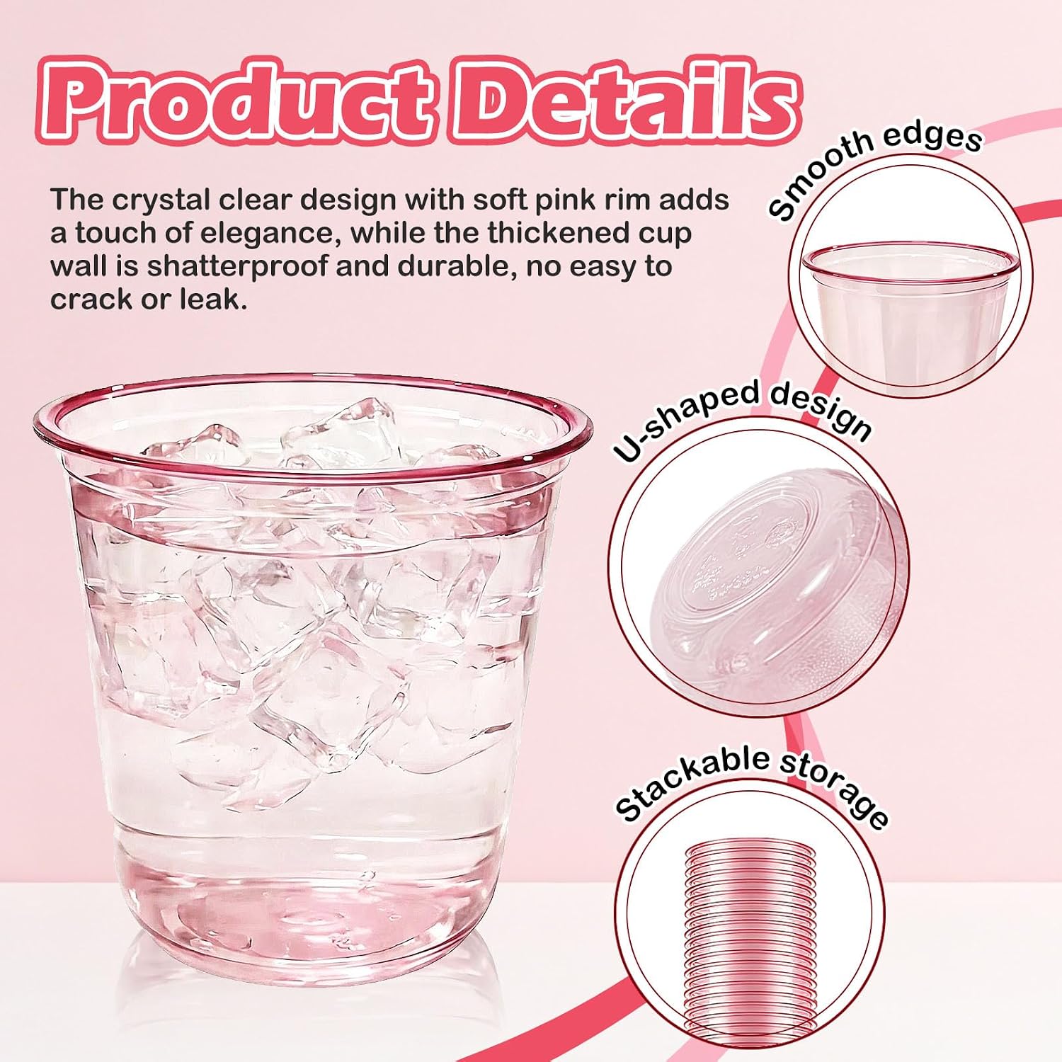 Alaeseje 50 Pack Pink Plastic Cups,12 oz Disposable Stemless Wine Glasses,Cocktail Pink Party Cups Clear Drinking Cup for Valentines,Wedding,Birthday,Bridal Shower,Christmas