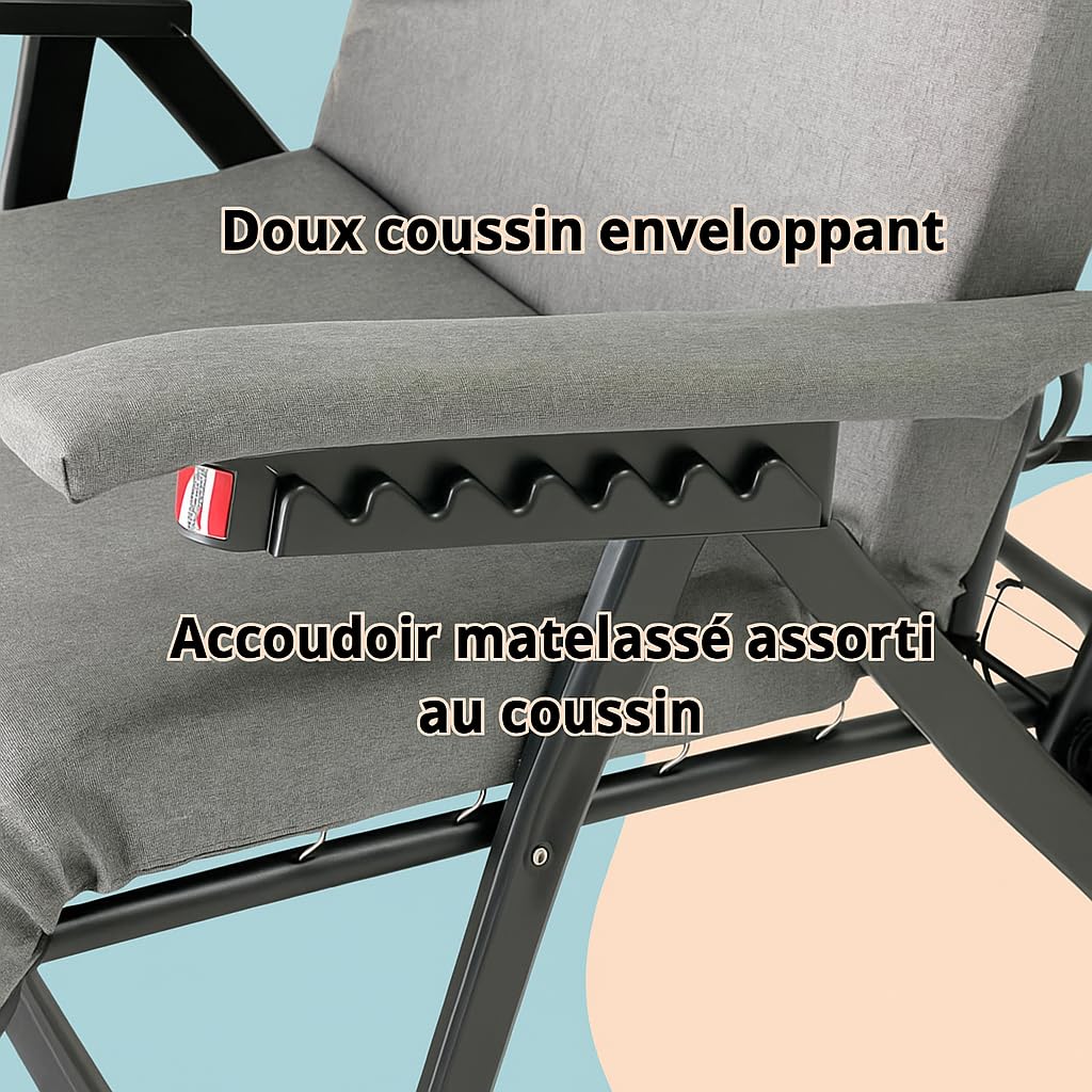 Tomaino - Chaise longue rembourrée extérieure intérieure avec repose-pieds - Fauteuil relax inclinable jusqu'à 180° - Coussin doux pliable pour maison, jardin, balcon (gris)