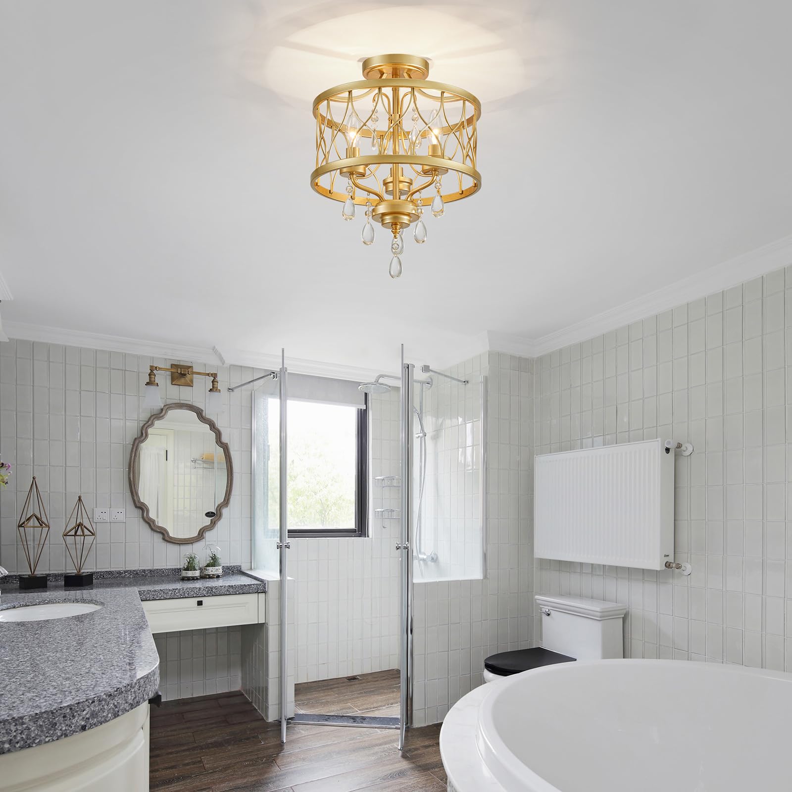 WUZUPS lustre 3-lumière vintage ferme industrielle semi-flush montage plafond luminaire éclairage moderne pour foyer chambre couloir chambre de stockage cuisine, H 40,6 x L 32,5, E14 Base, or