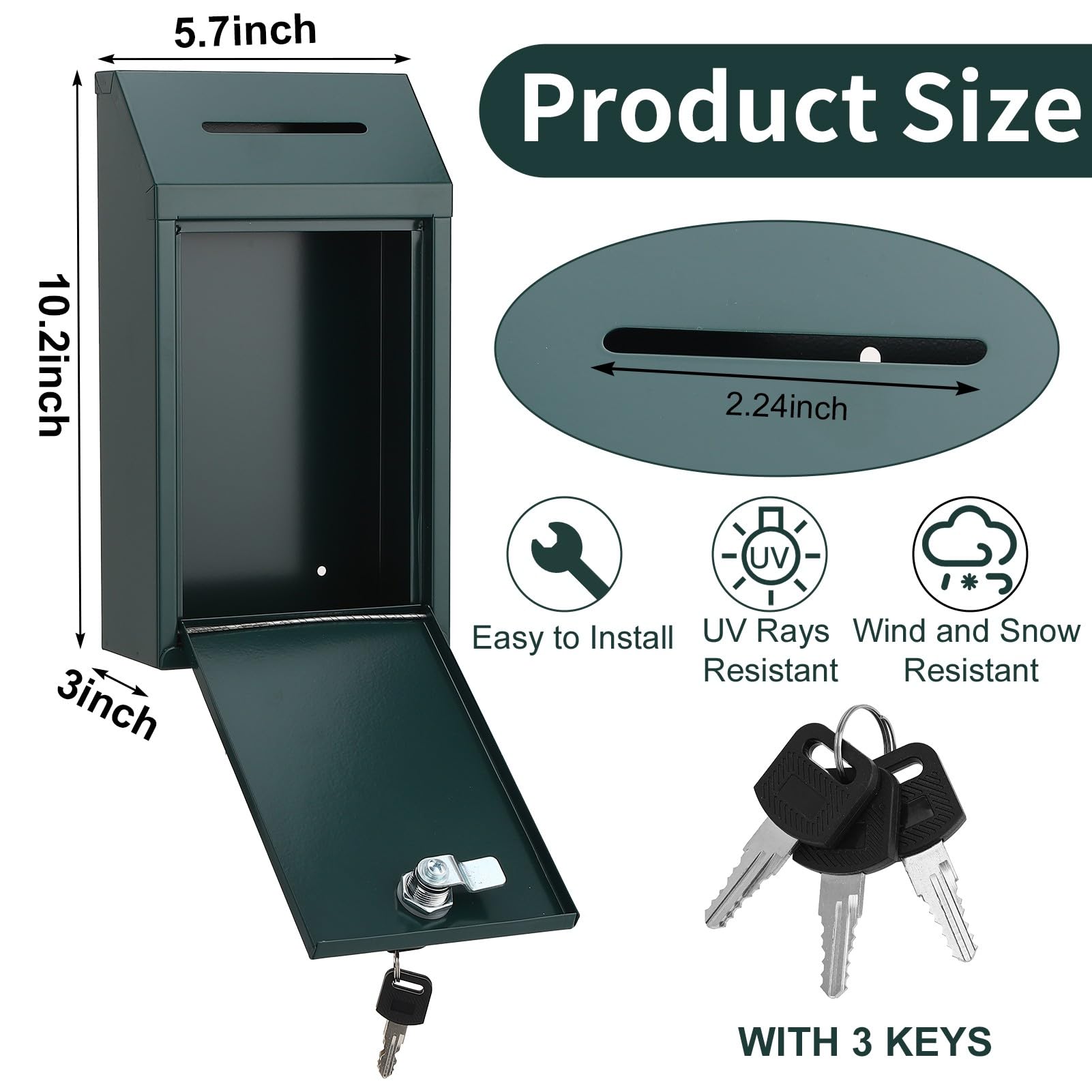 Metal Donation Box with Lock Slot 10.2 x 5.7 x 3'' Collection Box Safe Suggestion Box Charity Collection Donation Box Money Lock Box Cash Drop Box Money Boxes for Home Office Outdoor Door (Green) - Image 2