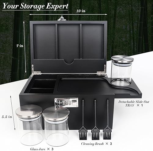Miniatura 3 de lotmusic Caja de almacenamiento grande con bandeja extraíble deslizable, caja decorativa de bambú con 3 tarros de vidrio, cepillos de limpieza