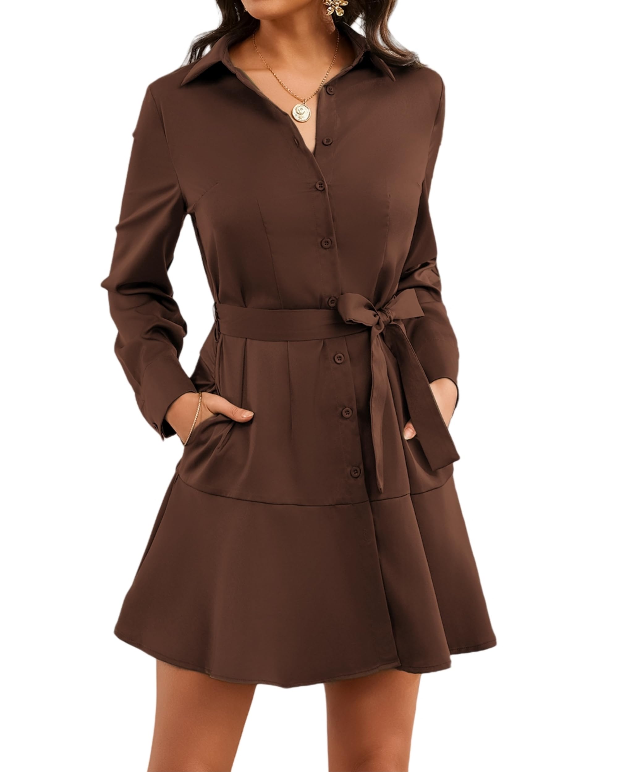 Women's Long Sleeve Button Up Midi Belt Shift Collar Dress with Pockets for Work Office Business