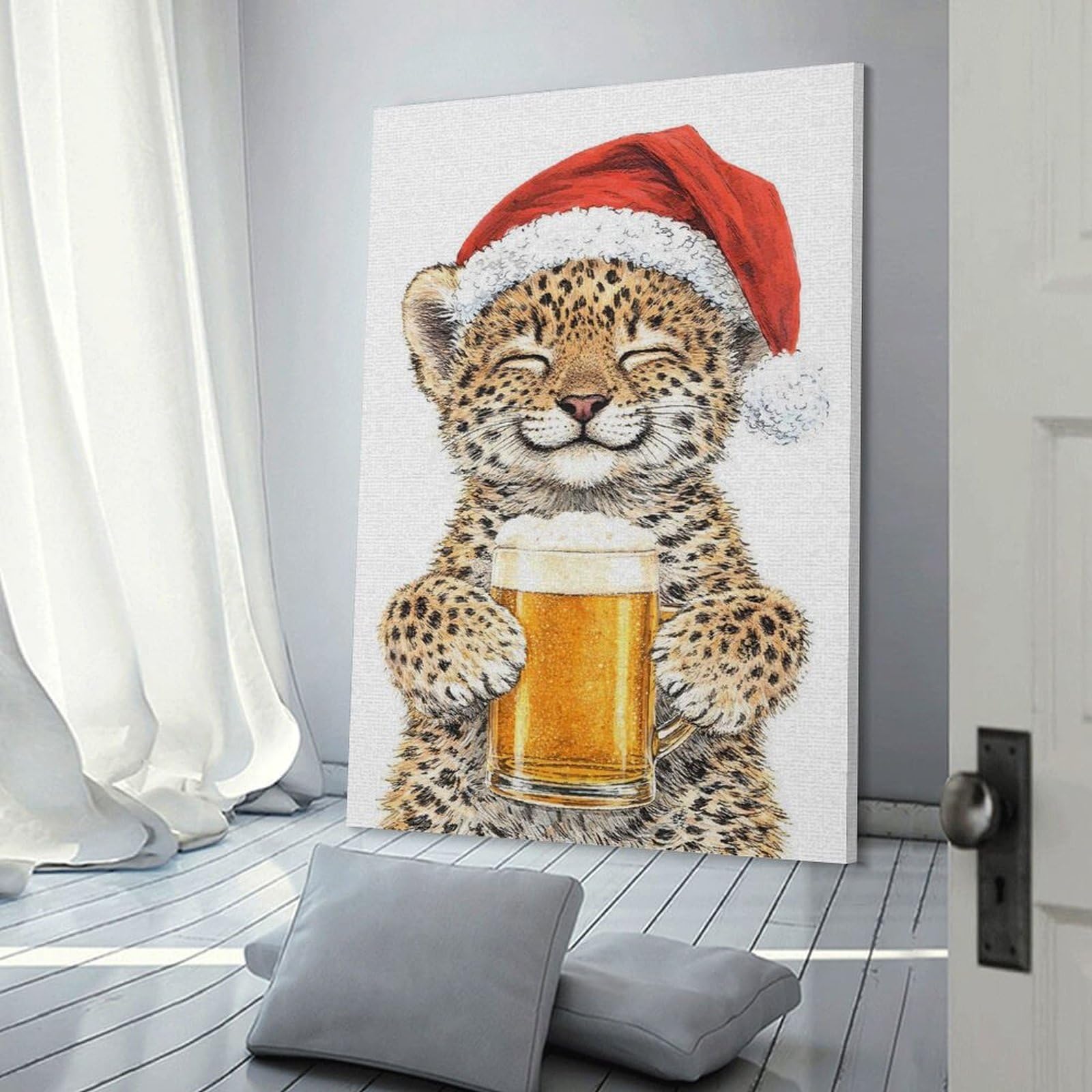 Junmoney Cute Leopard Cub with Beer And Santa Hat Canvas Art Print 24x36inch(60x90cm), for New Homes, Bedrooms Or Workspaces, Gift Idea for Housewarming And Birthdays