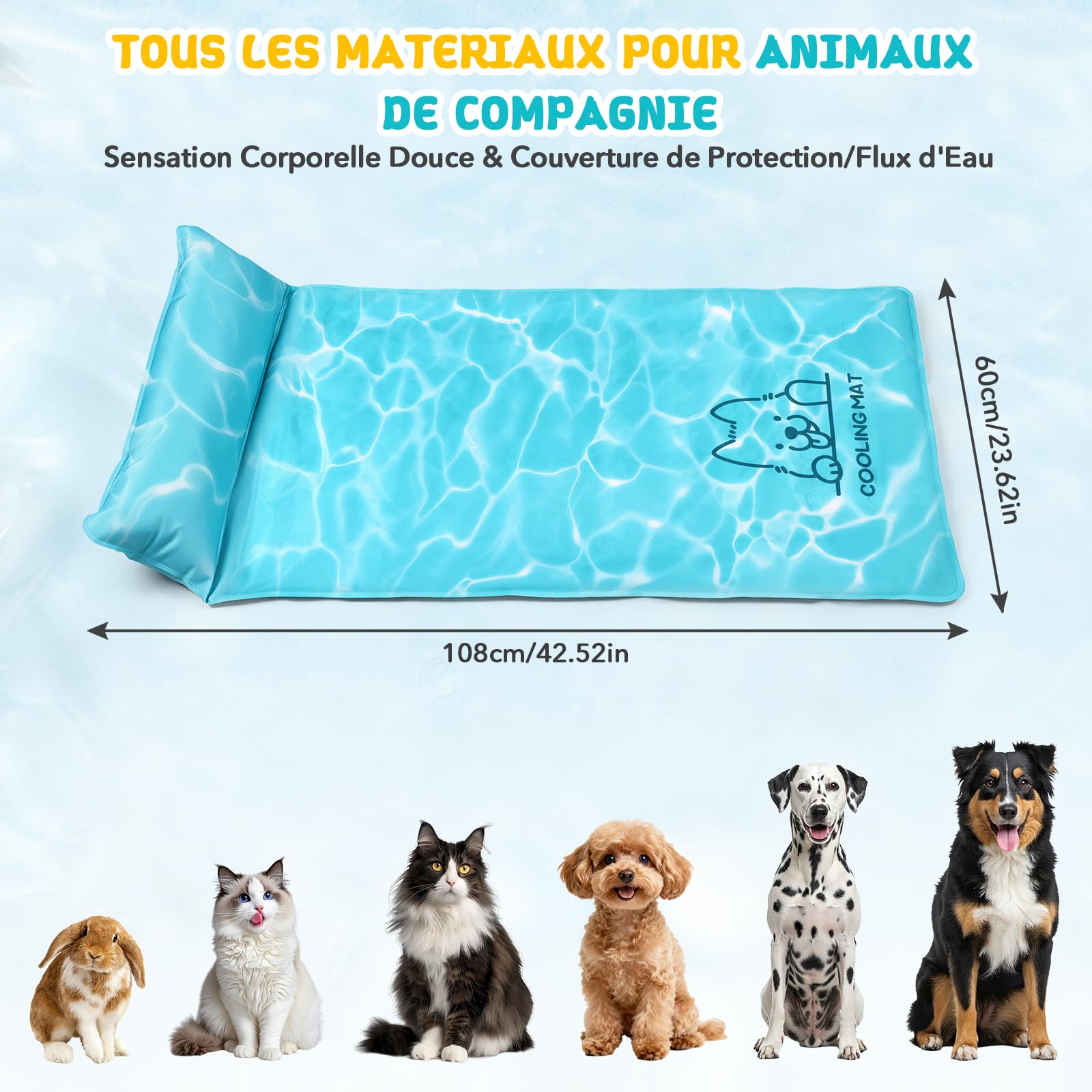 JONRRYIN Tapis Rafraîchissant pour Chien et Chat, 60x108cm Coussin Auto-Rafraîchissant, Tapis Fraîcheur Imperméable & Antidérapant, Pliable & Léger pour Intérieur, Extérieur
