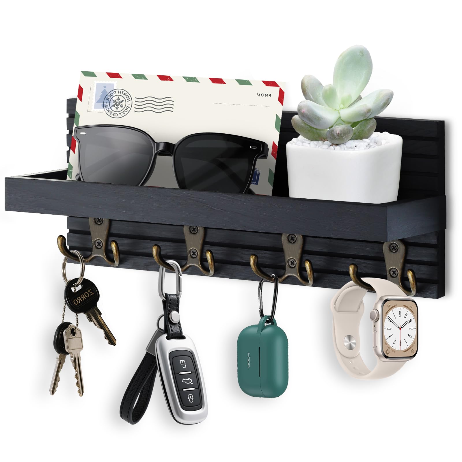 Portachiavi da Parete in Legno, Portachiavi da Muro con Ripiano, Porta Chiavi da Muro per Casa con 8 Ganci, Appendi Chiavi Home Decor, per Corridoio, Ingresso, Cucina, Bagno (Nero)