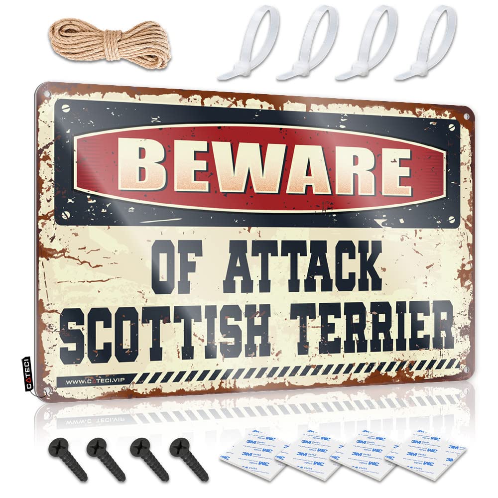 HELIOFORGE Funny Room Decor Beware Of Attack Scottish Terrier Tin Sign Vintage Signs Metal Tin Metal Decor(20X30CM)