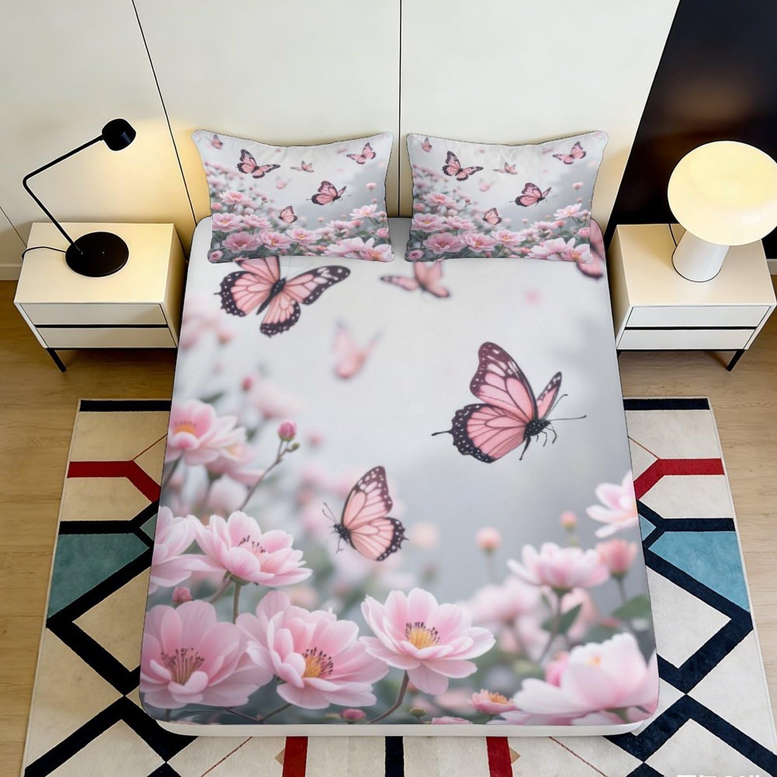 3D Printed Butterfly Floral Fitted Sheet Microfiber Elastic Hem Bedding Set Butterfly Floral Mattress Fitted Cover Deep Pocket Washable 180x200x25cm