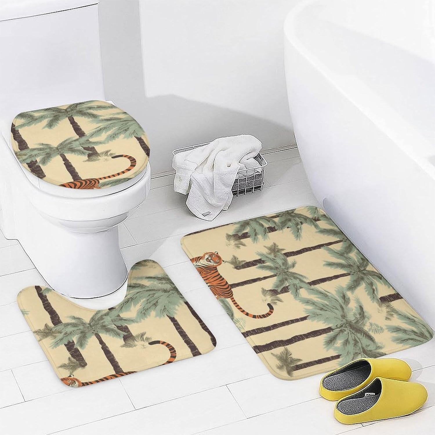 4Pcs Palm Trees and Tigers Bathroom Sets Decor with Non-Slip Rugs Fashion Toilet Lid Cover Exquisite U-Shaped Mat Modern Shower Curtain with 12 Hooks Bathroom Decor Accessories image 4