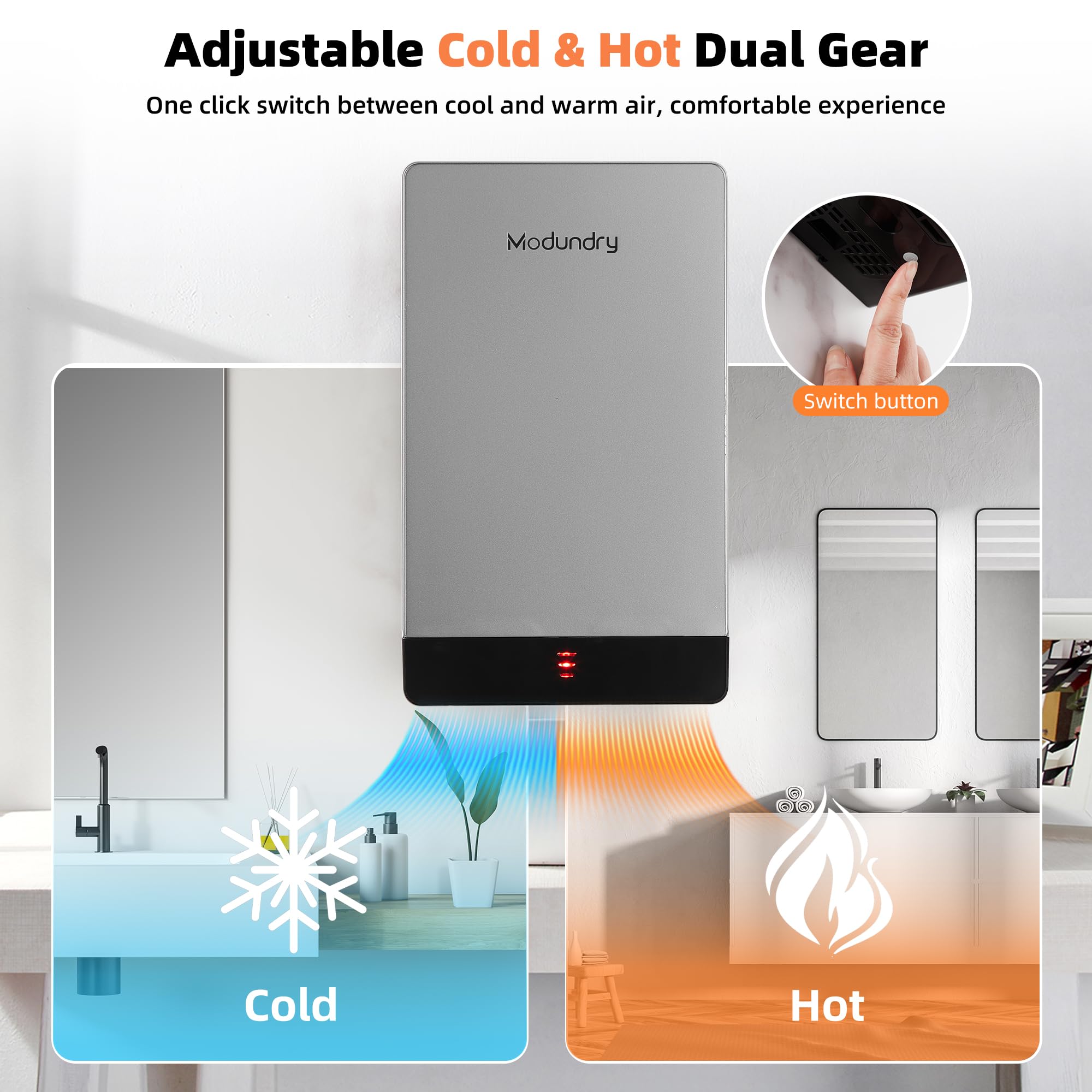 Asciugamani Elettrico ad Aria 7 Secondi per Asciugare, Asciuga Mani Automatico ad Alta velocità a Parete, Commerciale Bagno e Servizi igienici Ufficio ABS 1000W, Argento