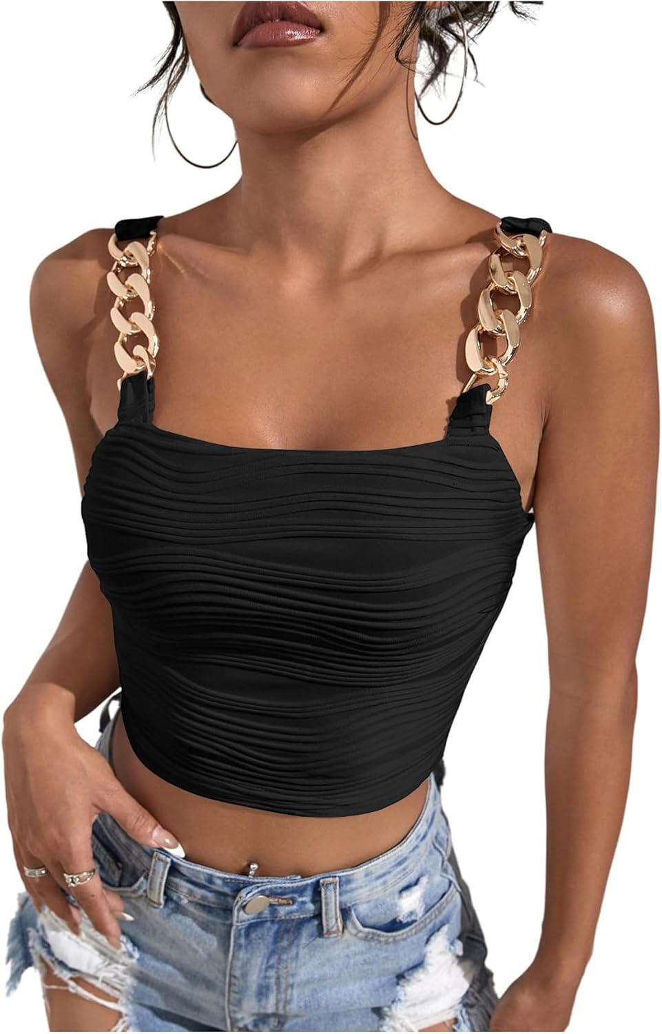 Milumia Women Chain Strap Crop Tank Top Square Neck Sleeveless Y2k Going Out Shirts