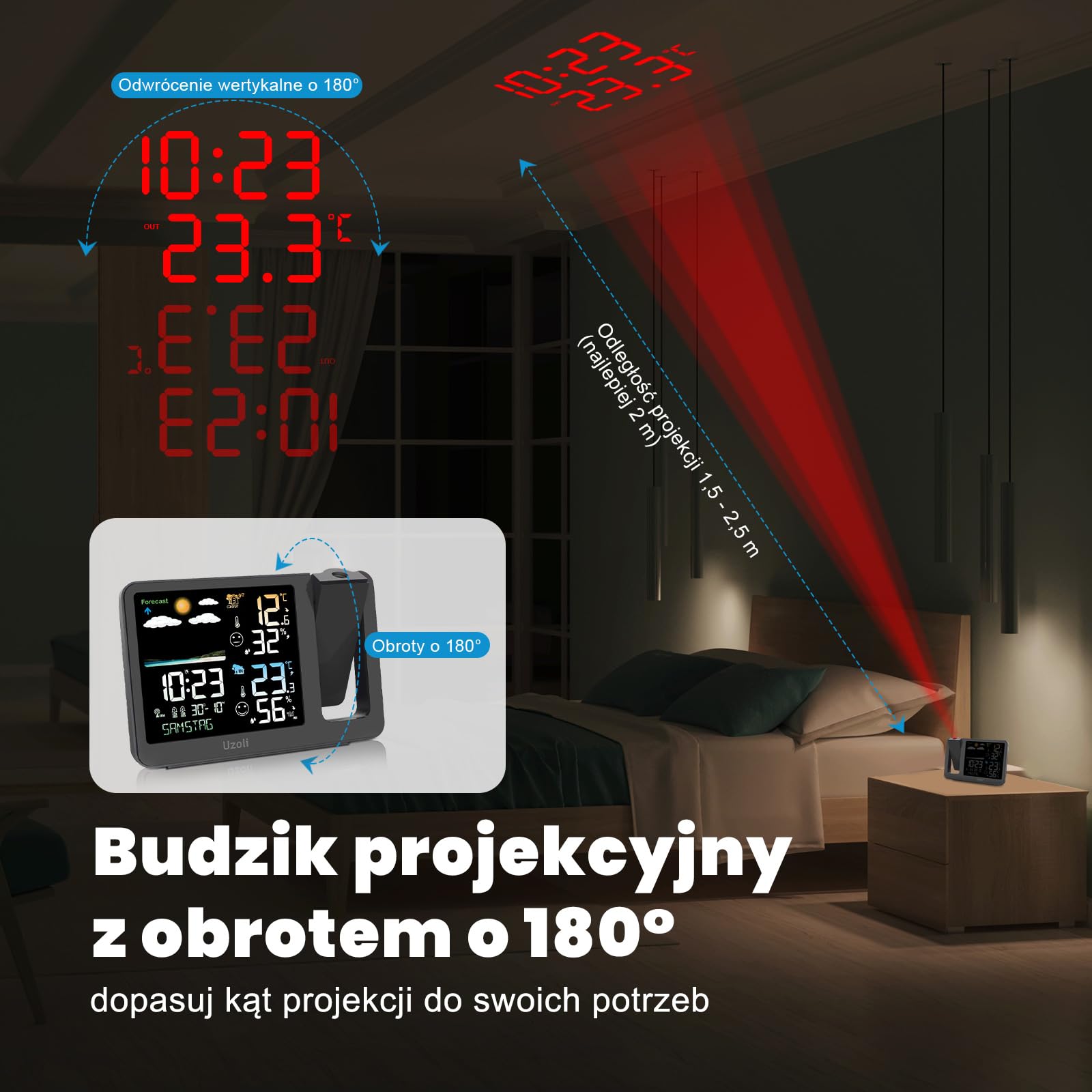 uzoli Budzik projekcyjny stacja pogodowa, WWVB Atomowy zegar projekcyjny z czujnikiem, regulowane podświetlenie, temperatura i wilgotność wewnątrz i na zewnątrz, cyfrowy zegar projekcyjny na sufit w