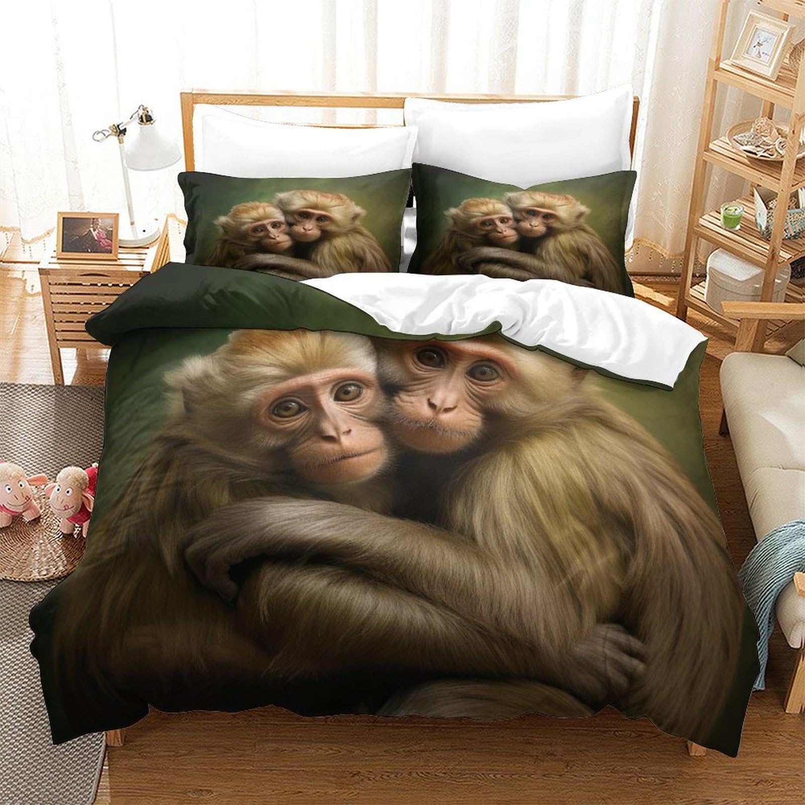 P1S9U7W5Y Warm Animal Motif 3D Printed Monkey Duvet Cover Set 3 Pieces Microfiber Adult Bedroom Decor Soft Breathable Monkey Bedding Set King（220x240cm）
