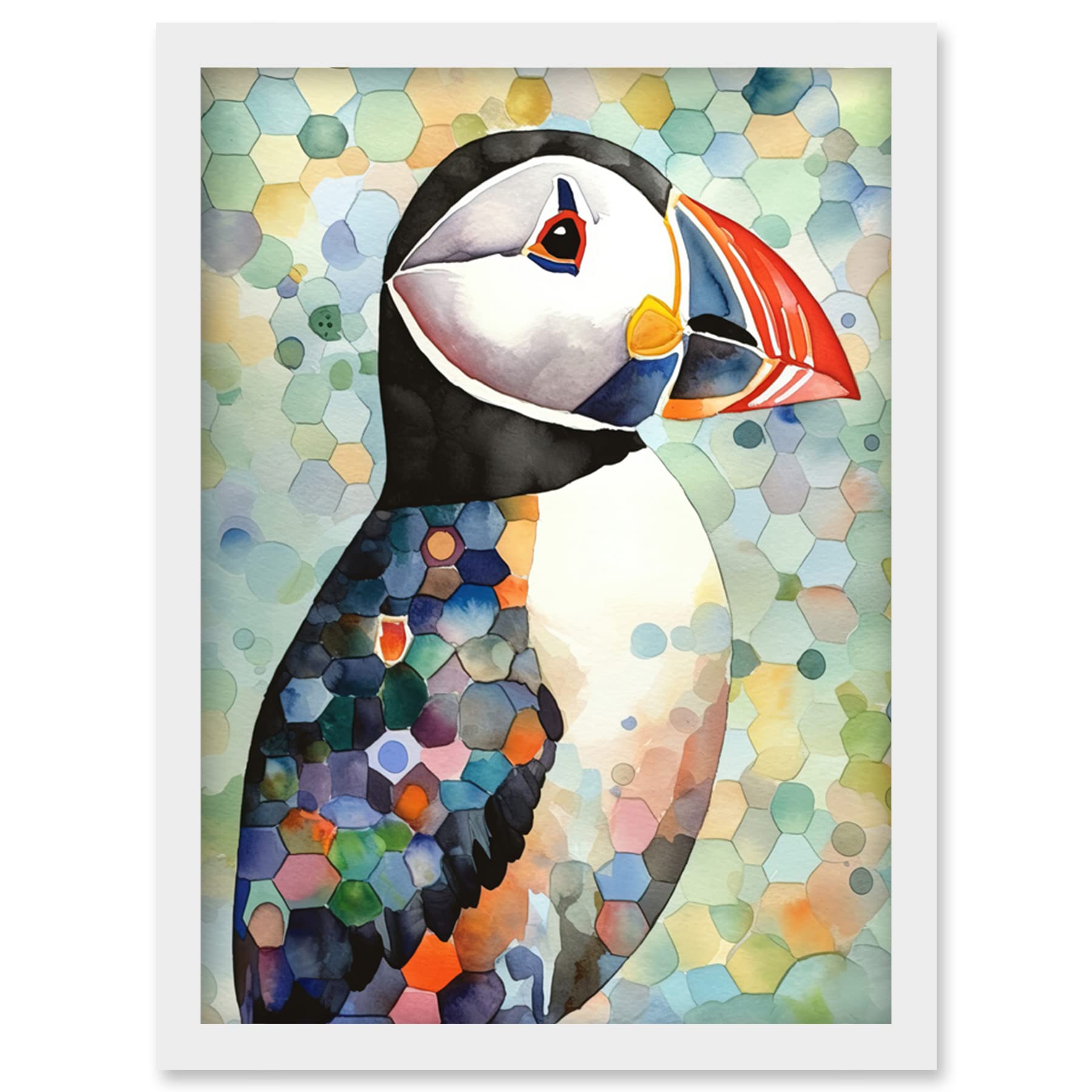 Artery8 Puffin Bird Portrait Pastel Colour Folk Art Artwork Framed Wall Art Print A4