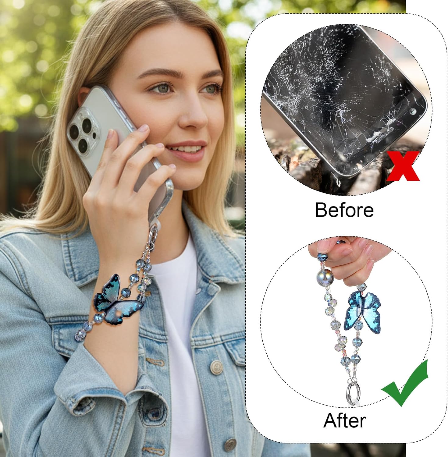 Cute Phone Charm Wrist Strap with Spacer,Butterfly Beaded Phone Chain Wristlet for Case Cellphone Chain Lanyard - Image 5