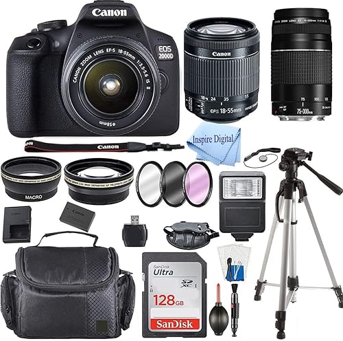 EOS 2000D / Rebel T7 DSLR Camera with EF-S 18-55mm + EF 75-300mm Daul Lens + SanDisk 128GB Memory Card + Tripod + Case + Wideangle Lenses + Inspire