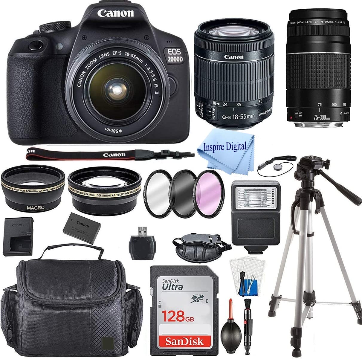 EOS 2000D / Rebel T7 DSLR Camera with EF-S 18-55mm + EF 75-300mm Daul Lens + SanDisk 128GB Memory Card + Tripod + Case + Wideangle Lenses + Inspire