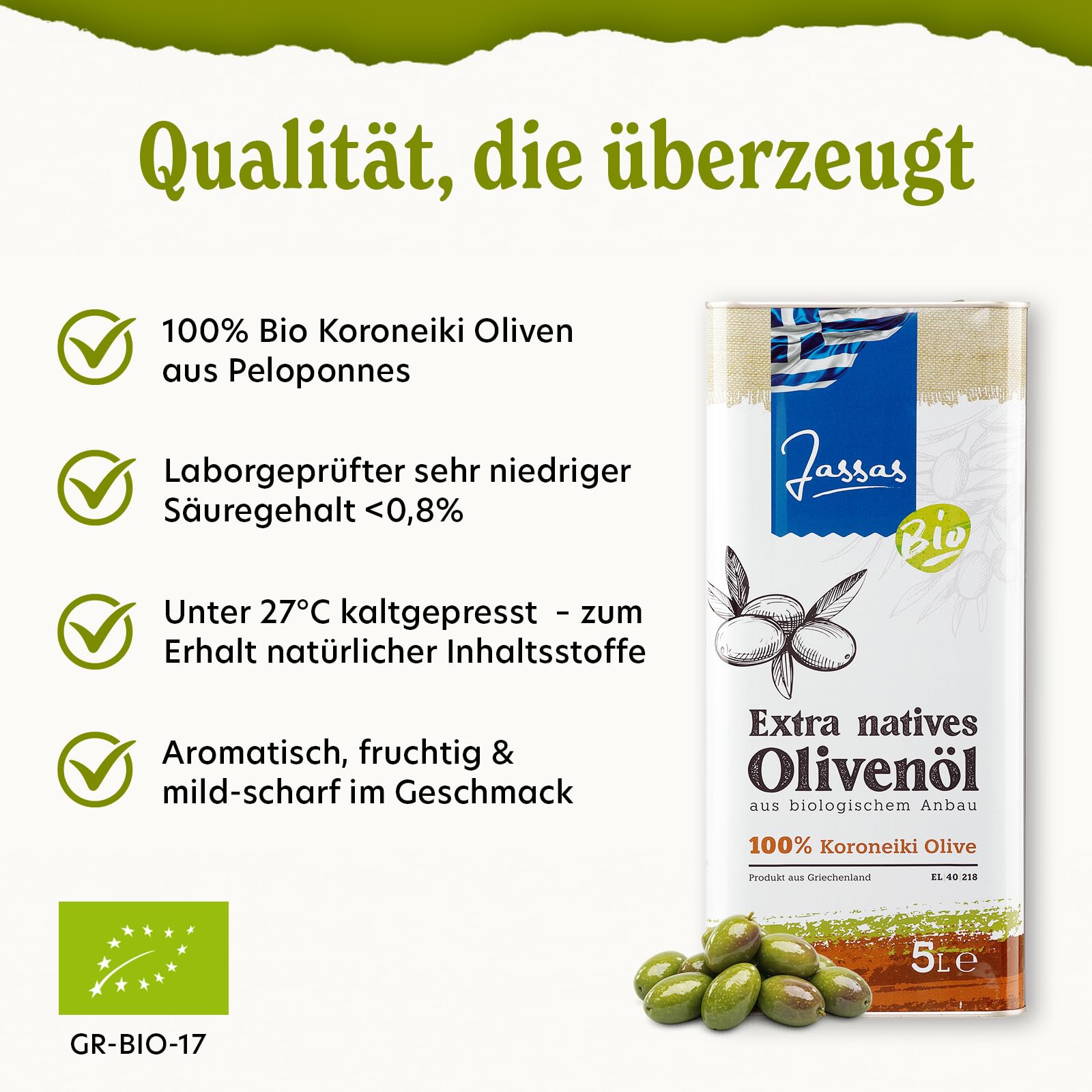 Jassas Bio Olivenöl 5L - 100% Bio Koroneiki Oliven - Neue Ernte 25/26 - extra nativ - fruchtig & aromatisch - GR-BIO-17 - Qualität aus Griechenland