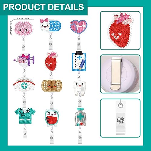 Miniatura 2 de 12 piezas de diamantes de imitación para enfermera, regalo de bricolaje, carretes retráctiles con clip de cocodrilo, clip de identificación de