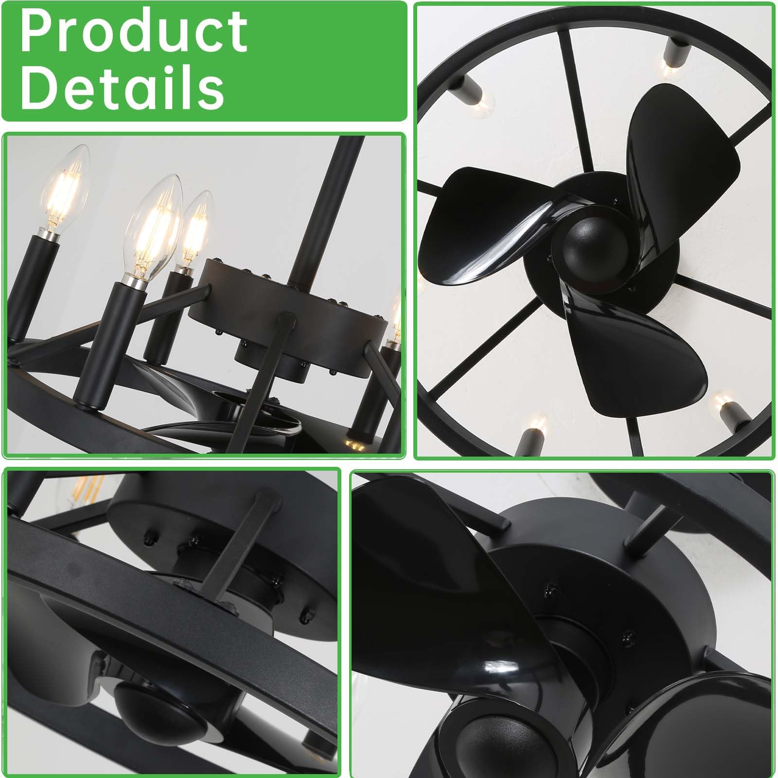 Ventilador de Techo Retro Negro con luz, 43 cm, Bombilla E12, Motor DC silencioso, diseño Reversible, Control Remoto, 6 velocidades, Cocina y Dormitorio, función de t