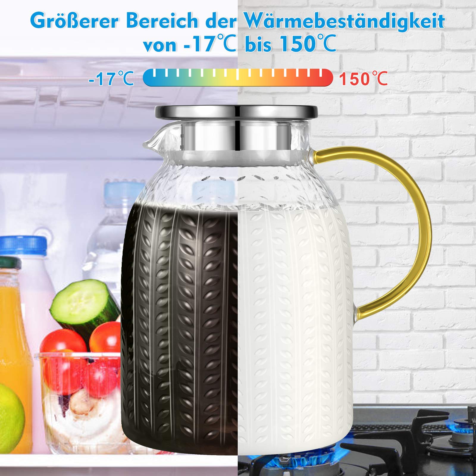 Aofmee Carafe en Verre 1,8L avec Couvercle et Anse, Pichet en Verre Borosilicaté Résistant à la Chaleur, pour Eau, Jus, Thé Glacé et Boissons Chaudes