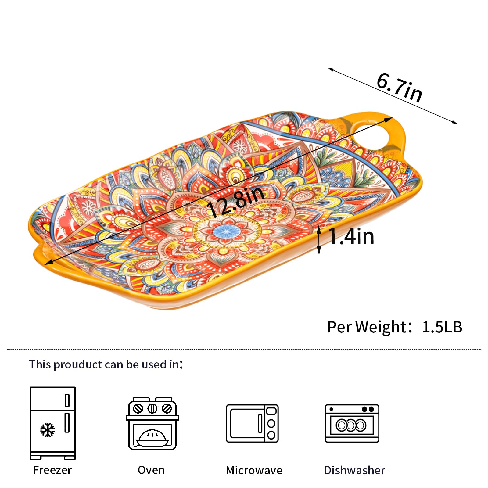 Boho-Servierplatten aus Keramik mit Griffen, 30,5 cm, große Servierschalen für Unterhaltung, bunte, niedliche Porzellan-Servierteller für Sandwich, Vorspeisen, Obst, mikrowellengeeignet, gemischte