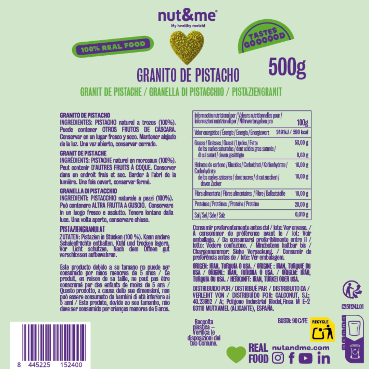 nut&me gehackte pistazien 500 g | Pistazienbruch | Geschält | Vegan | Hoher ballaststoffgehalt | Proteinquelle | Keto geeignet | Für backen und desserts