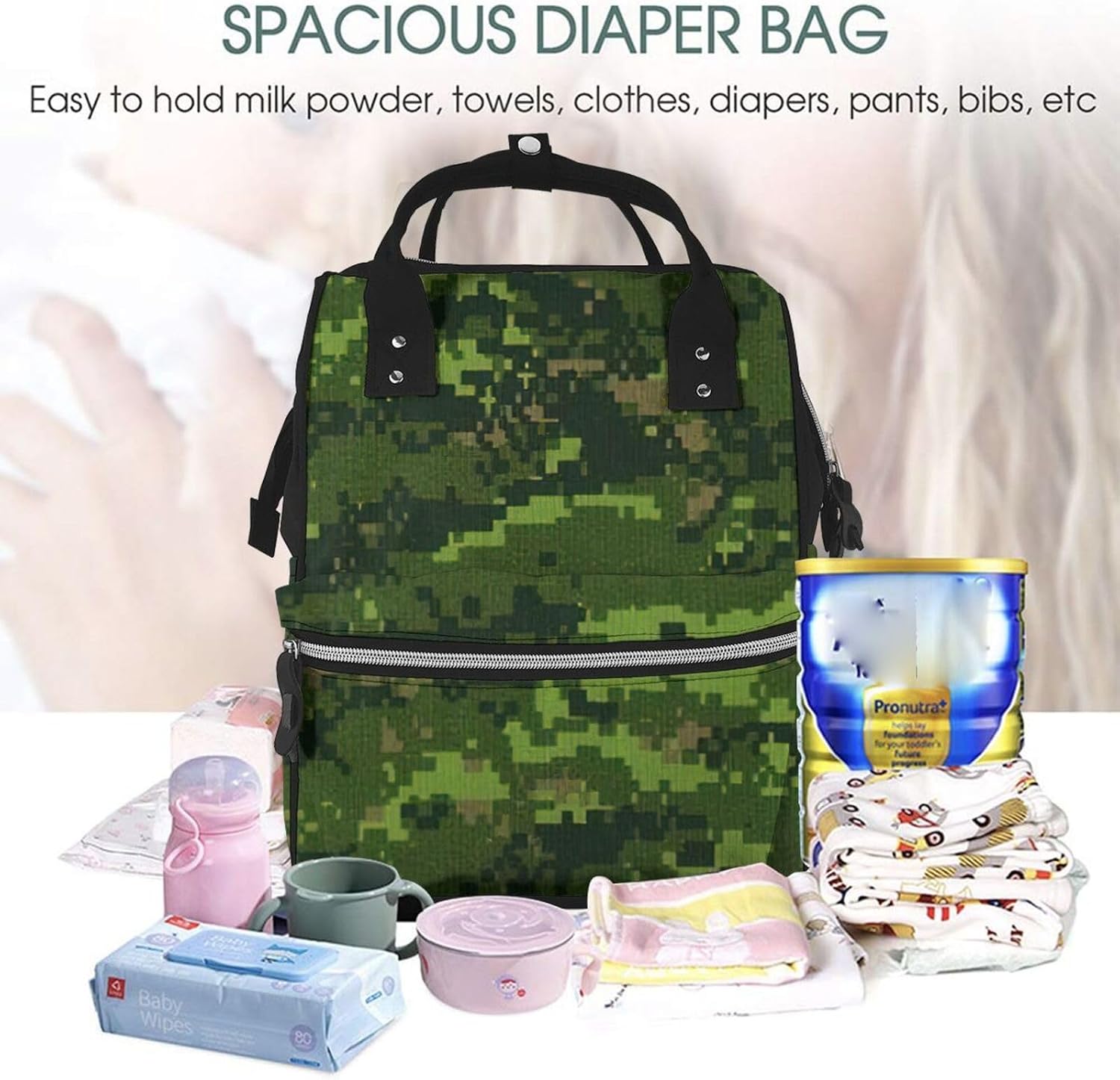 Elegant Green Army Digital Camouflage Print Mummy backpack Large, Waterproof,Adjustable Straps for Outdoor Activities