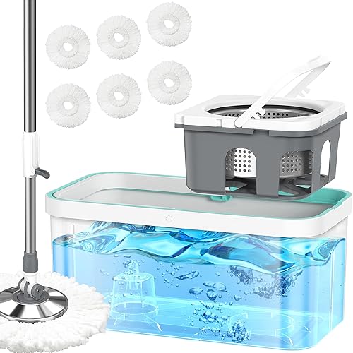 Juego de trapeador y cubo con escurridor para el hogar, trapeador giratorio y trapeadores para limpieza de suelos con 6 cabezales de repuesto para