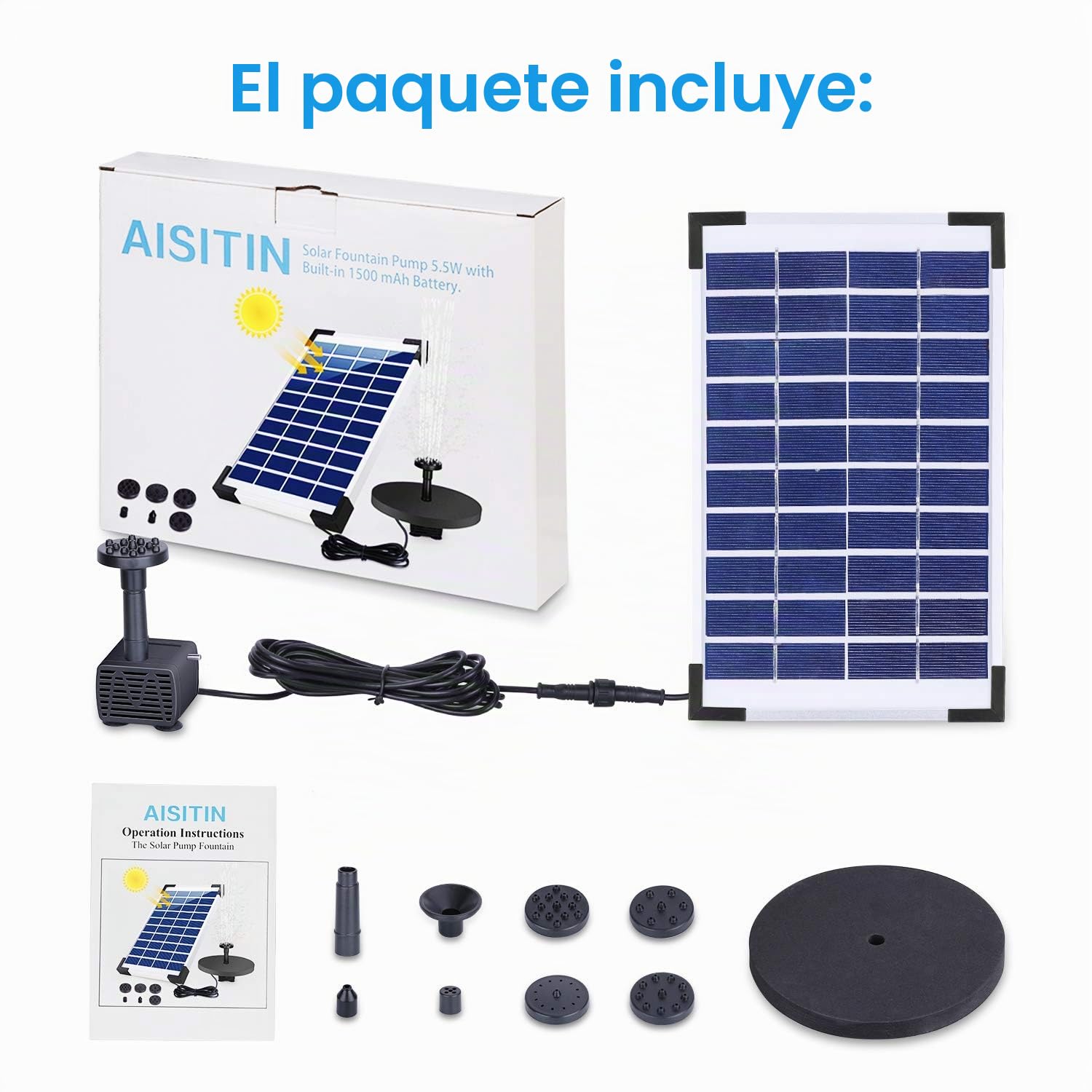AISITIN Fuente Solar 5,5W Bomba de Fuente Solar Batería Integrada con 6 Boquillas para Baño de Pájaros Estanque Jardín Ciclo del Agua（5,5W）